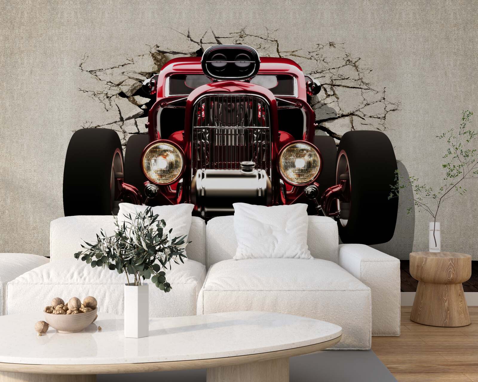 Papier peint une voiture rouge sort du mur