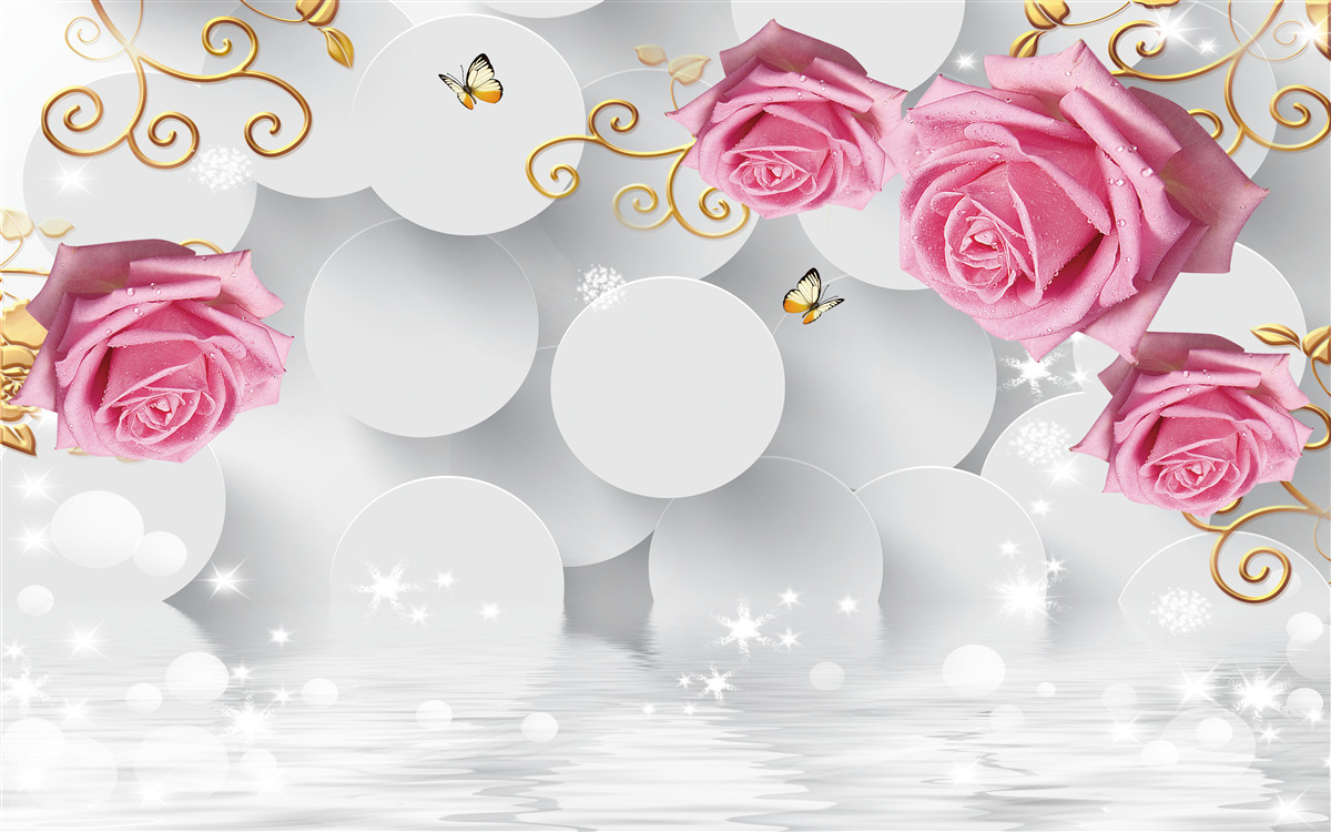 Papier peint cercles blancs encadrant des roses roses