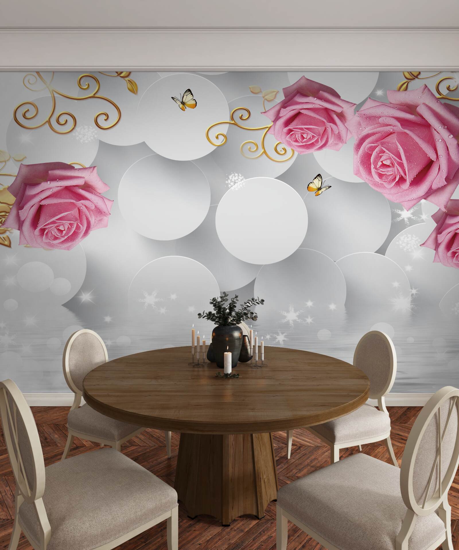 Papier peint cercles blancs encadrant des roses roses