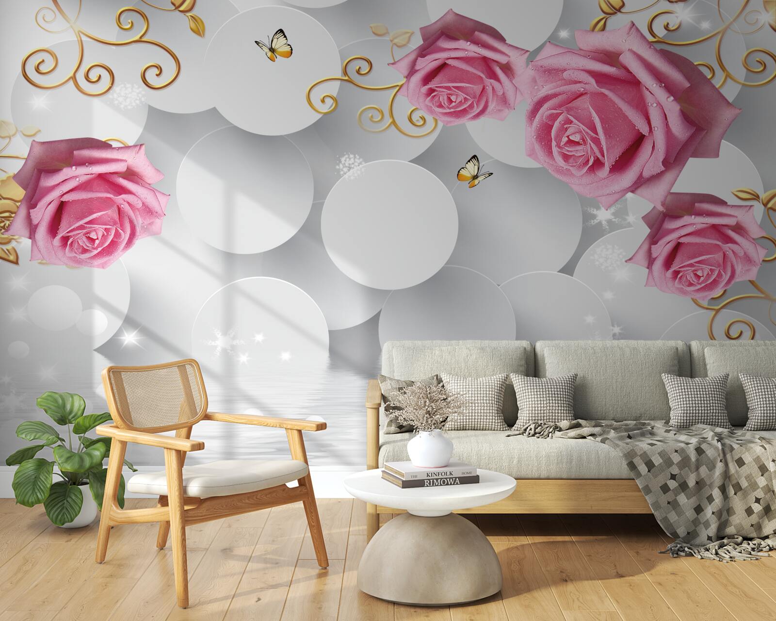 Papier peint cercles blancs encadrant des roses roses