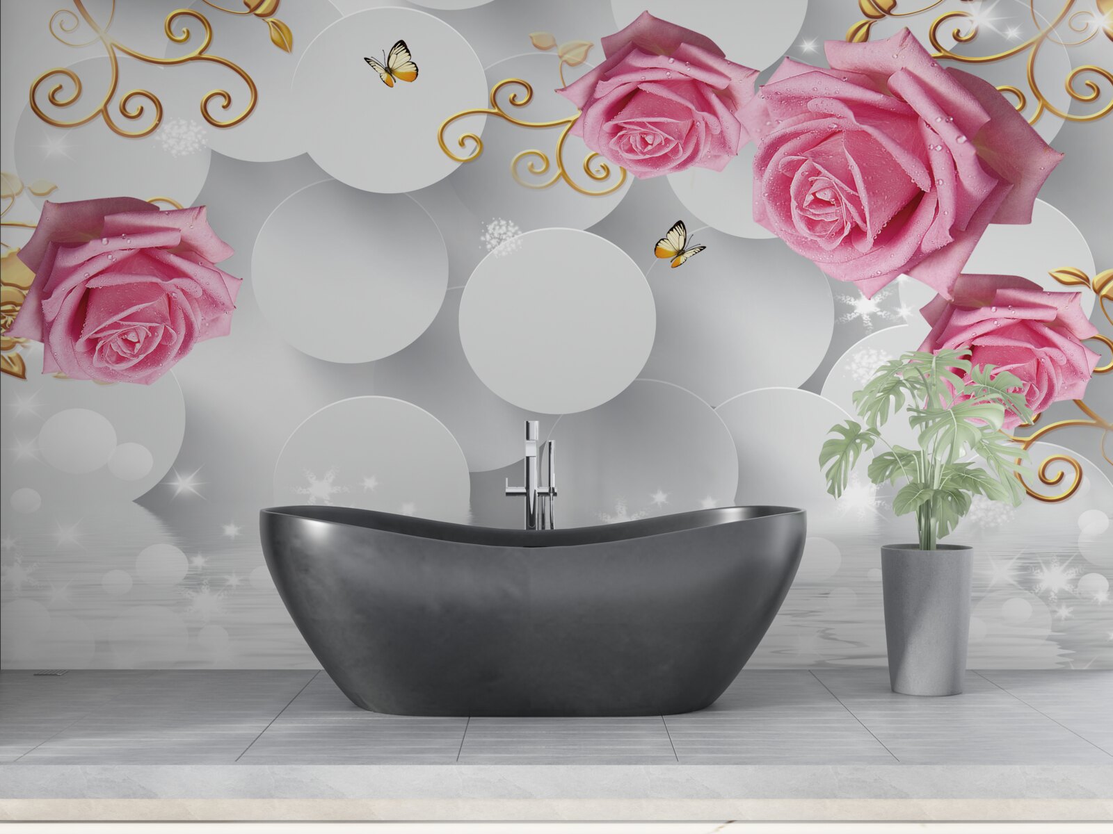 Papier peint cercles blancs encadrant des roses roses