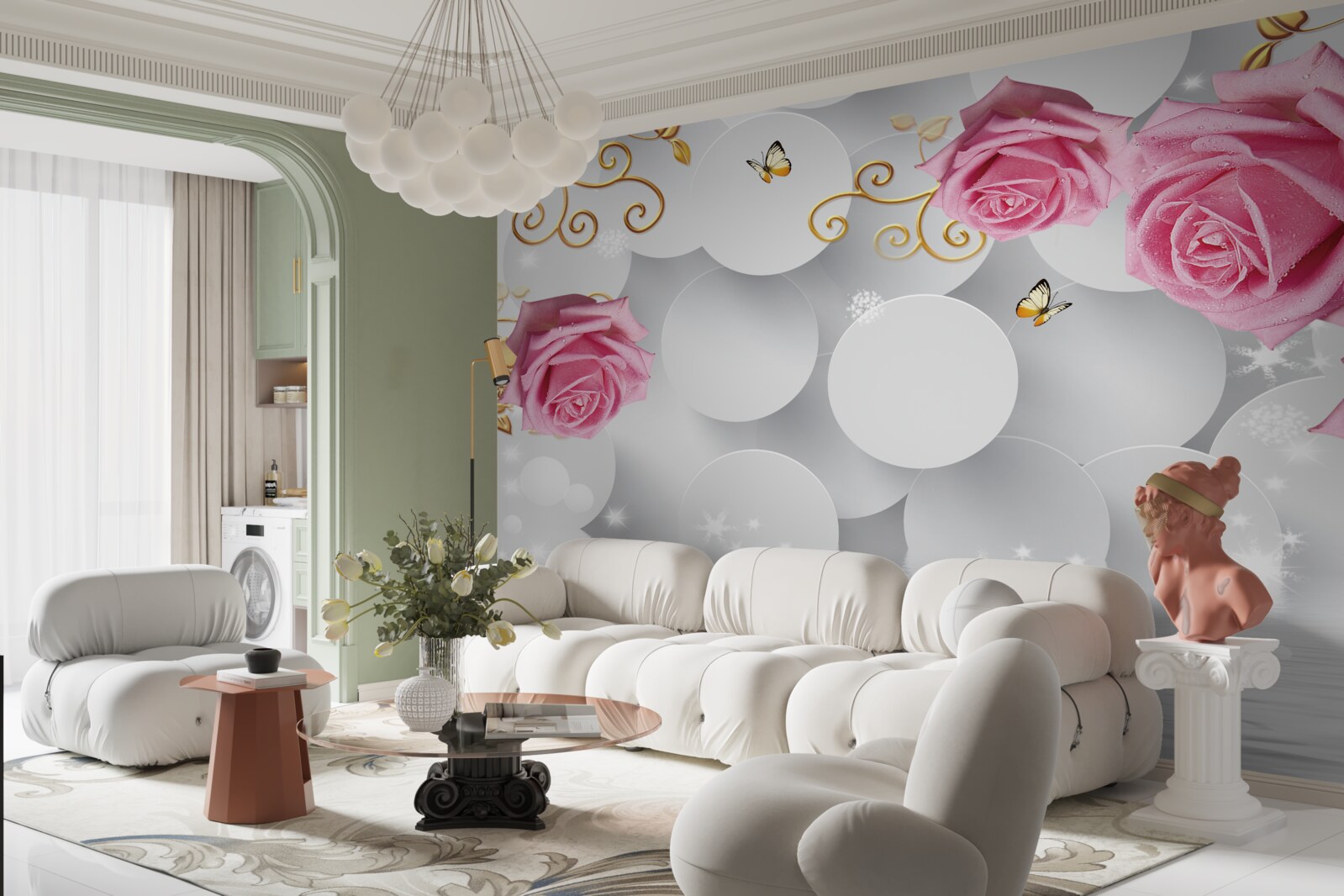 Papier peint cercles blancs encadrant des roses roses