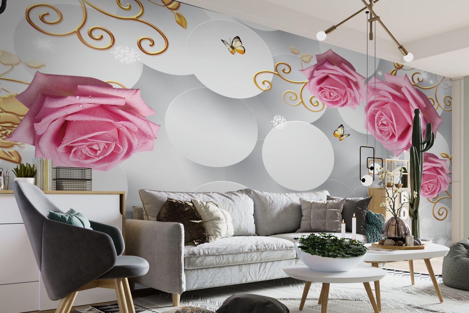 Papier peint cercles blancs encadrant des roses roses