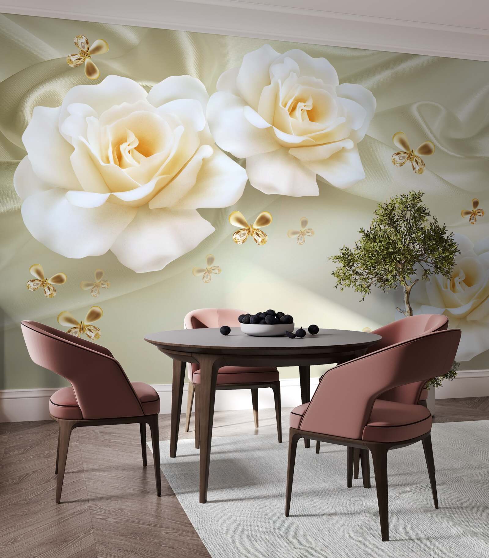 Papier peint roses de couleur crème sur fond clair