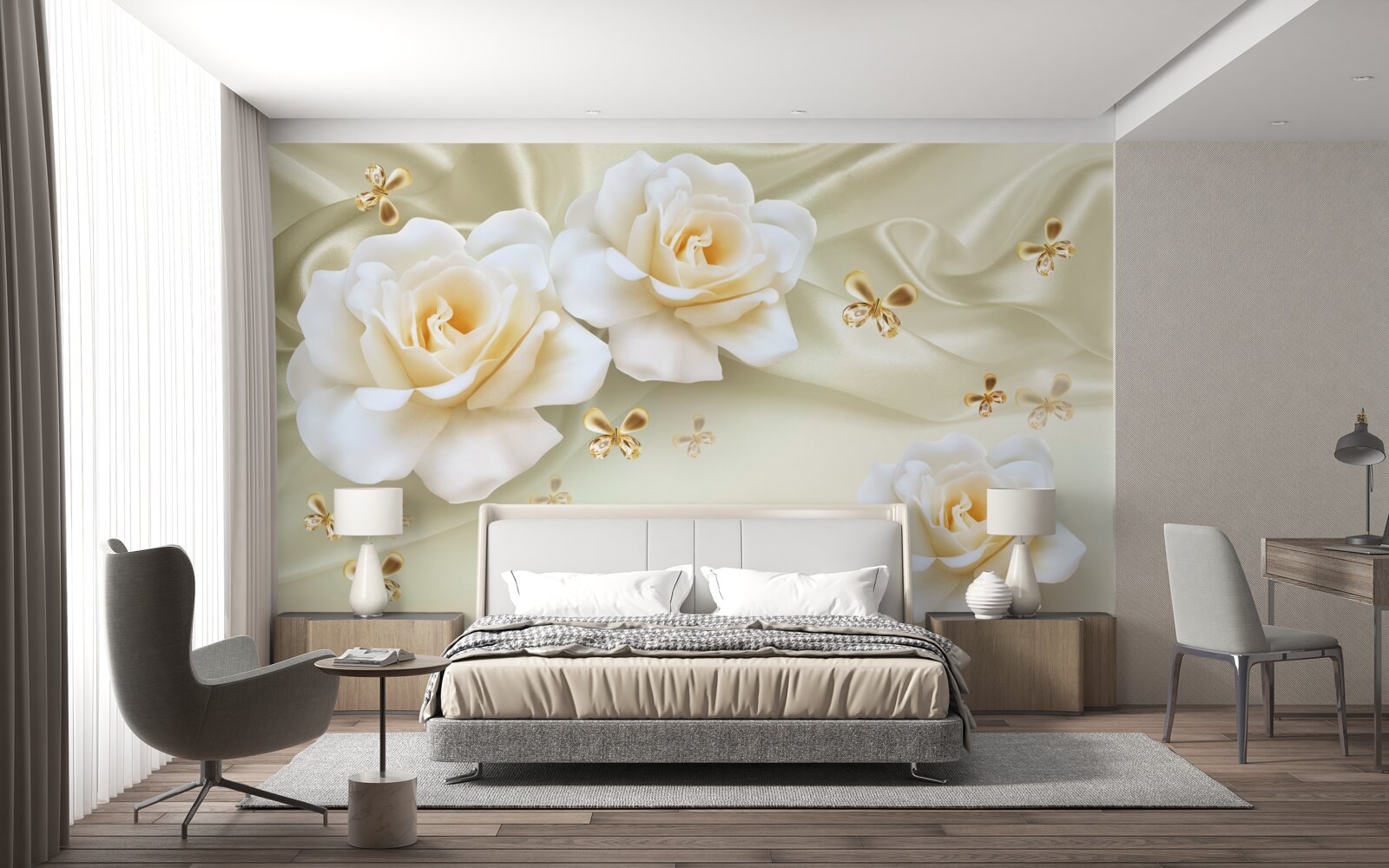 Papier peint roses de couleur crème sur fond clair