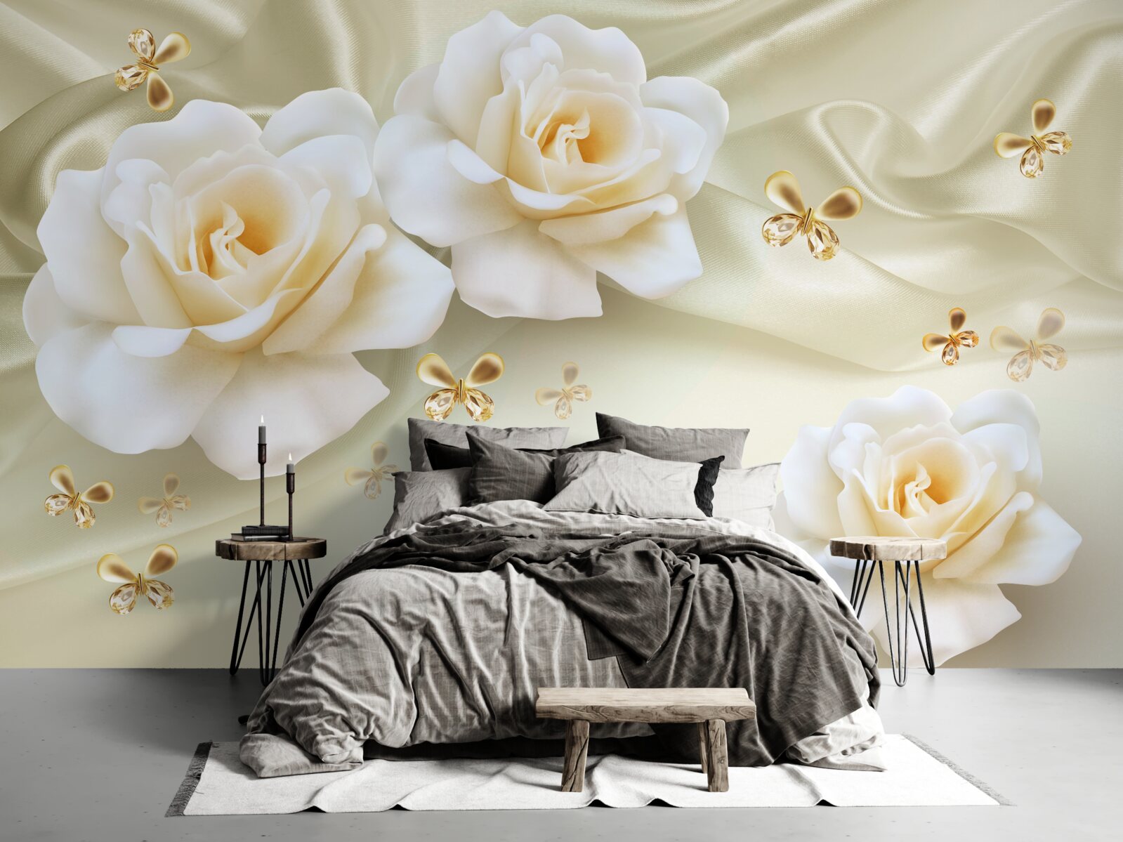 Papier peint roses de couleur crème sur fond clair