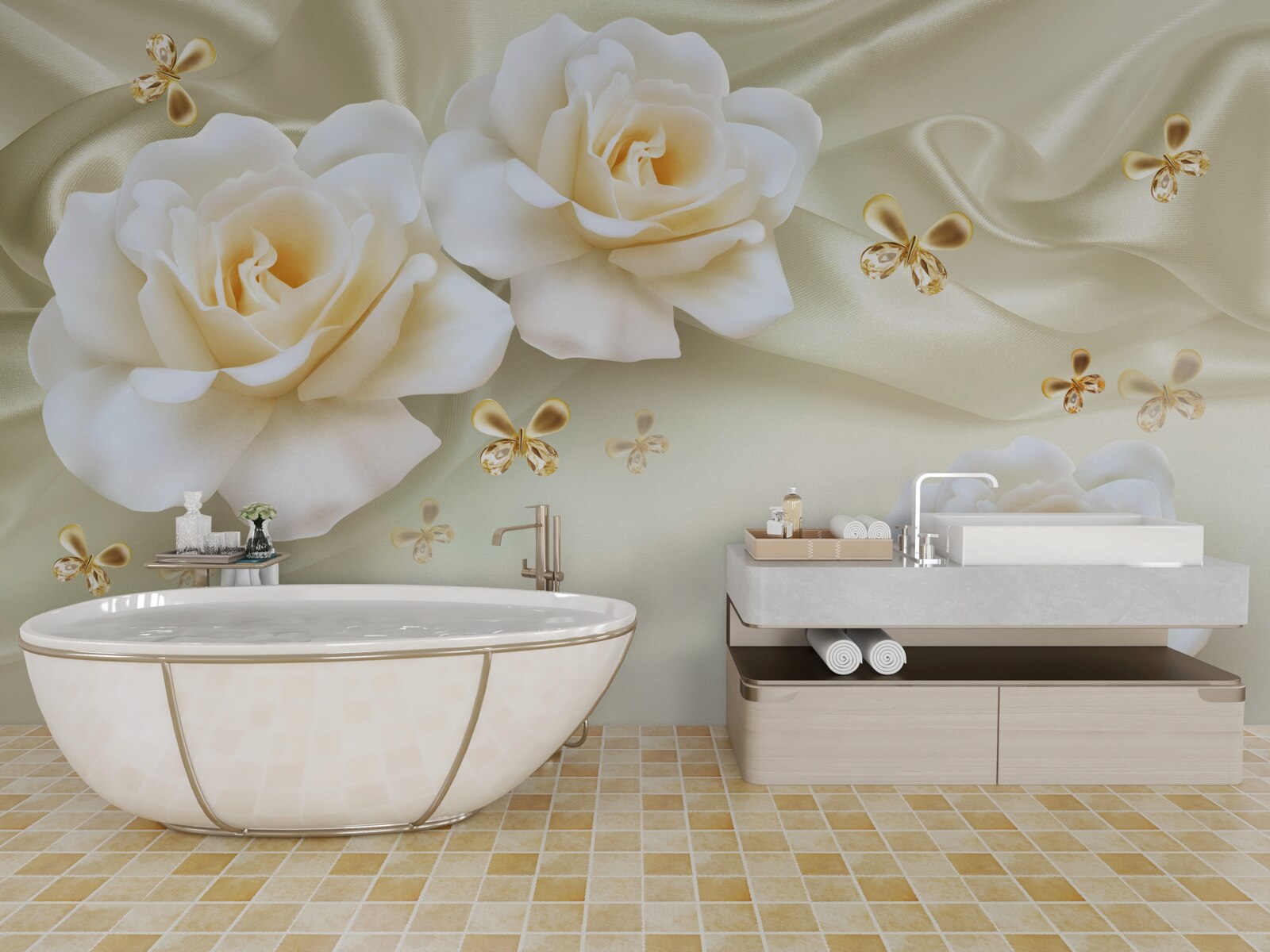 Papier peint roses de couleur crème sur fond clair