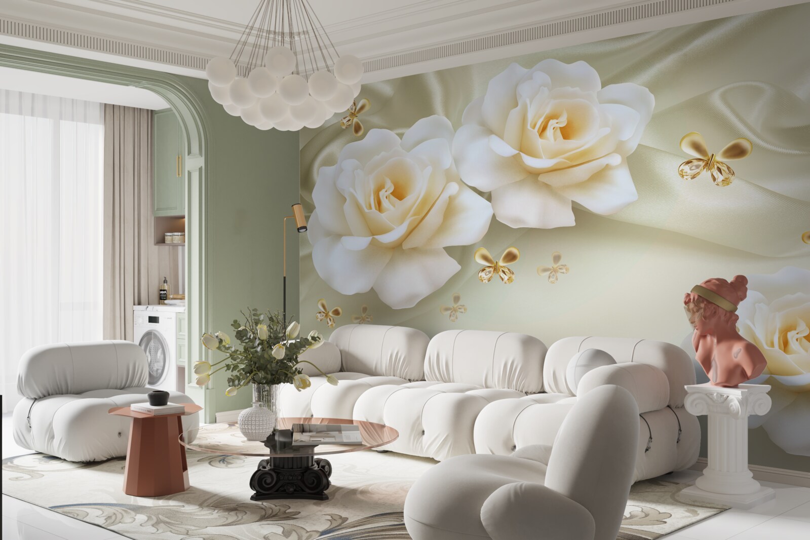 Papier peint roses de couleur crème sur fond clair