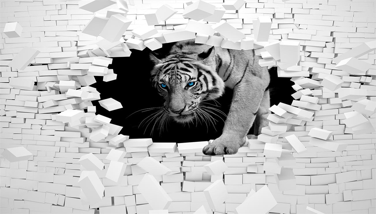 Papier peint un tigre détruit un mur de briques