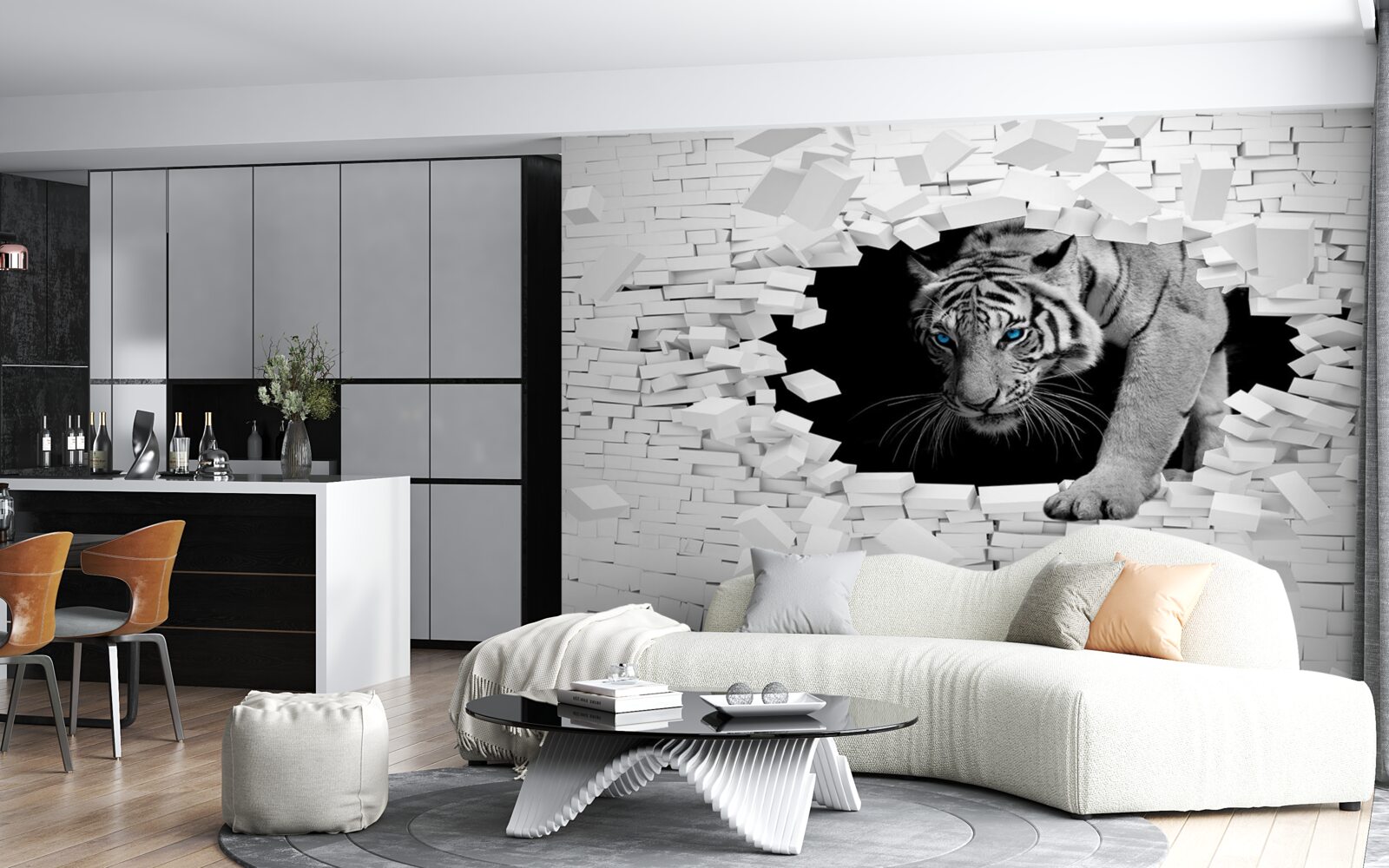 Papier peint un tigre détruit un mur de briques