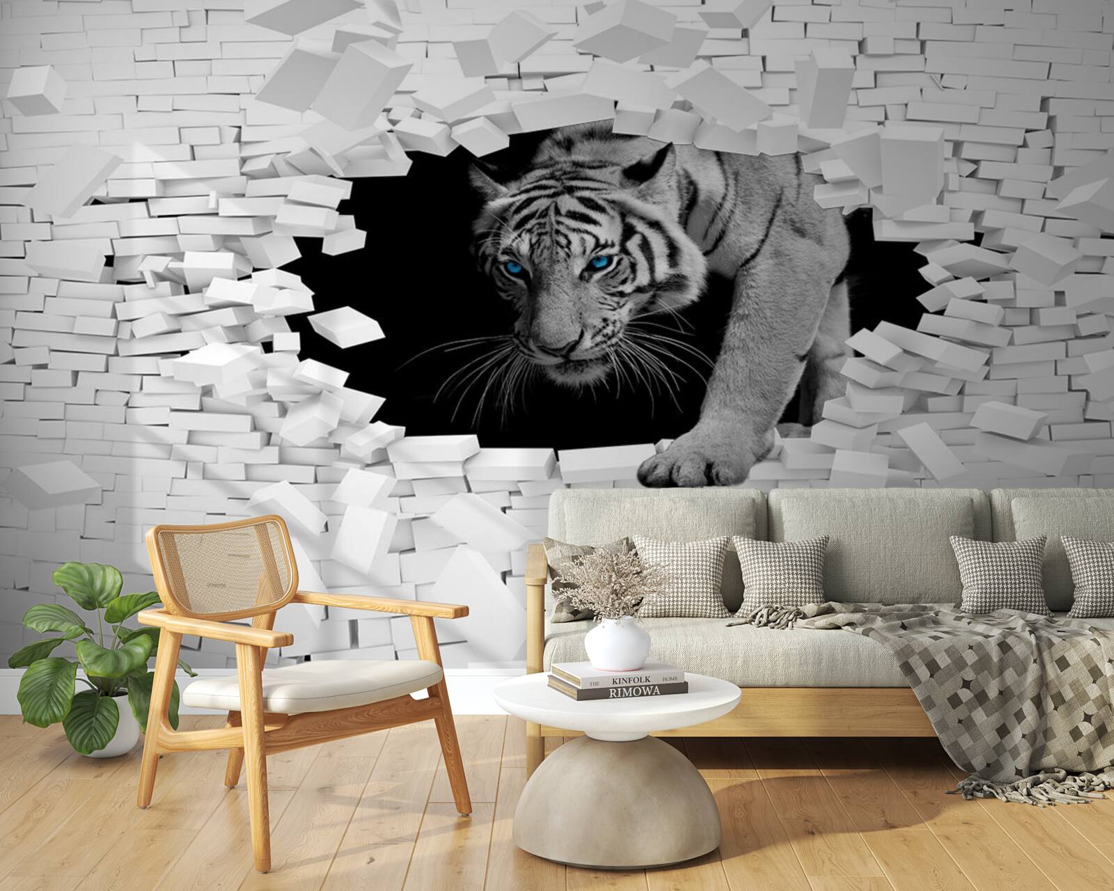 Papier peint un tigre détruit un mur de briques