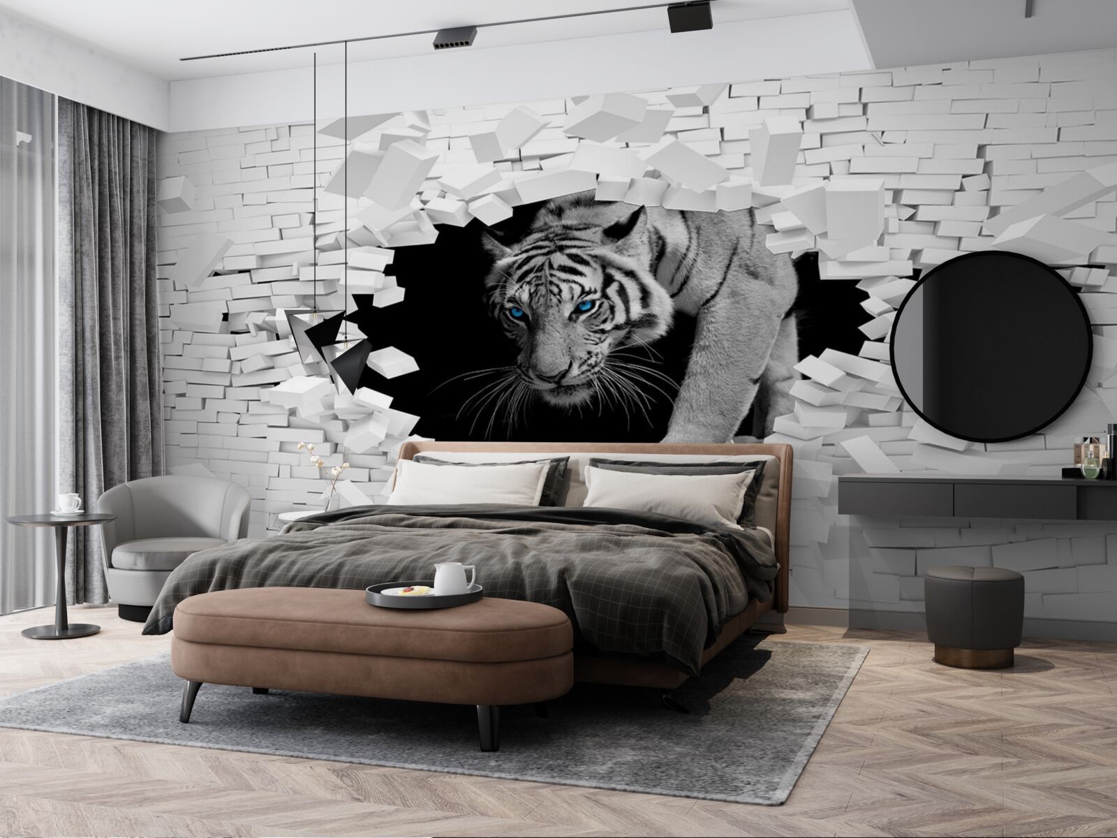 Papier peint un tigre détruit un mur de briques