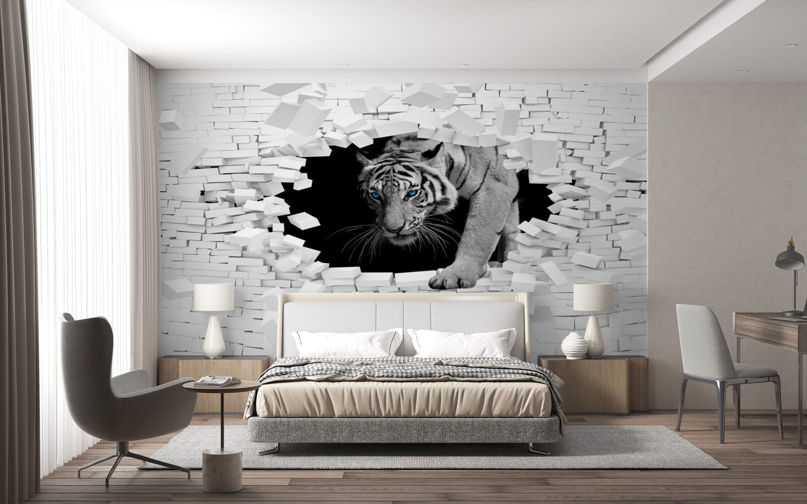 Papier peint un tigre détruit un mur de briques