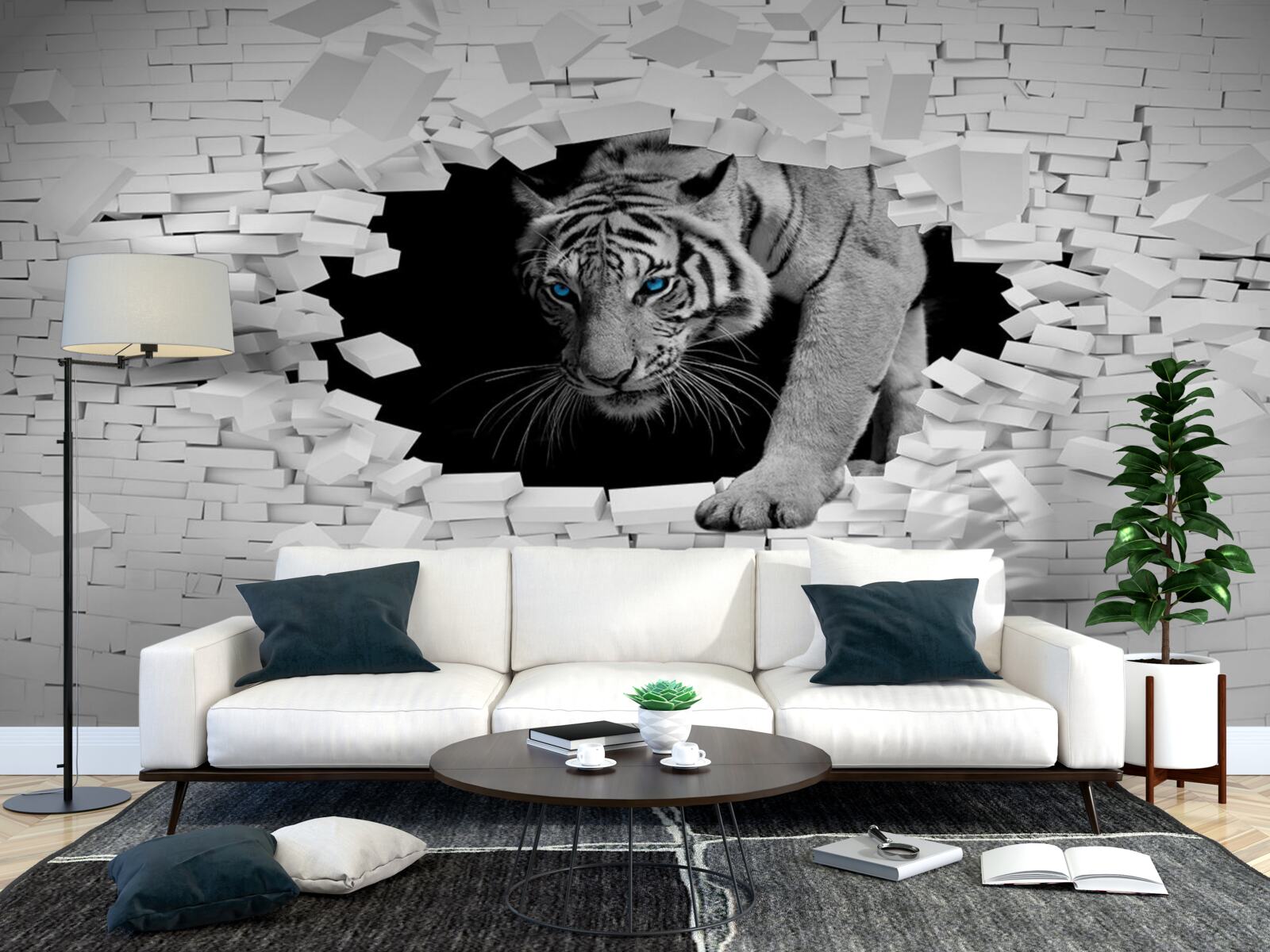 Papier peint un tigre détruit un mur de briques