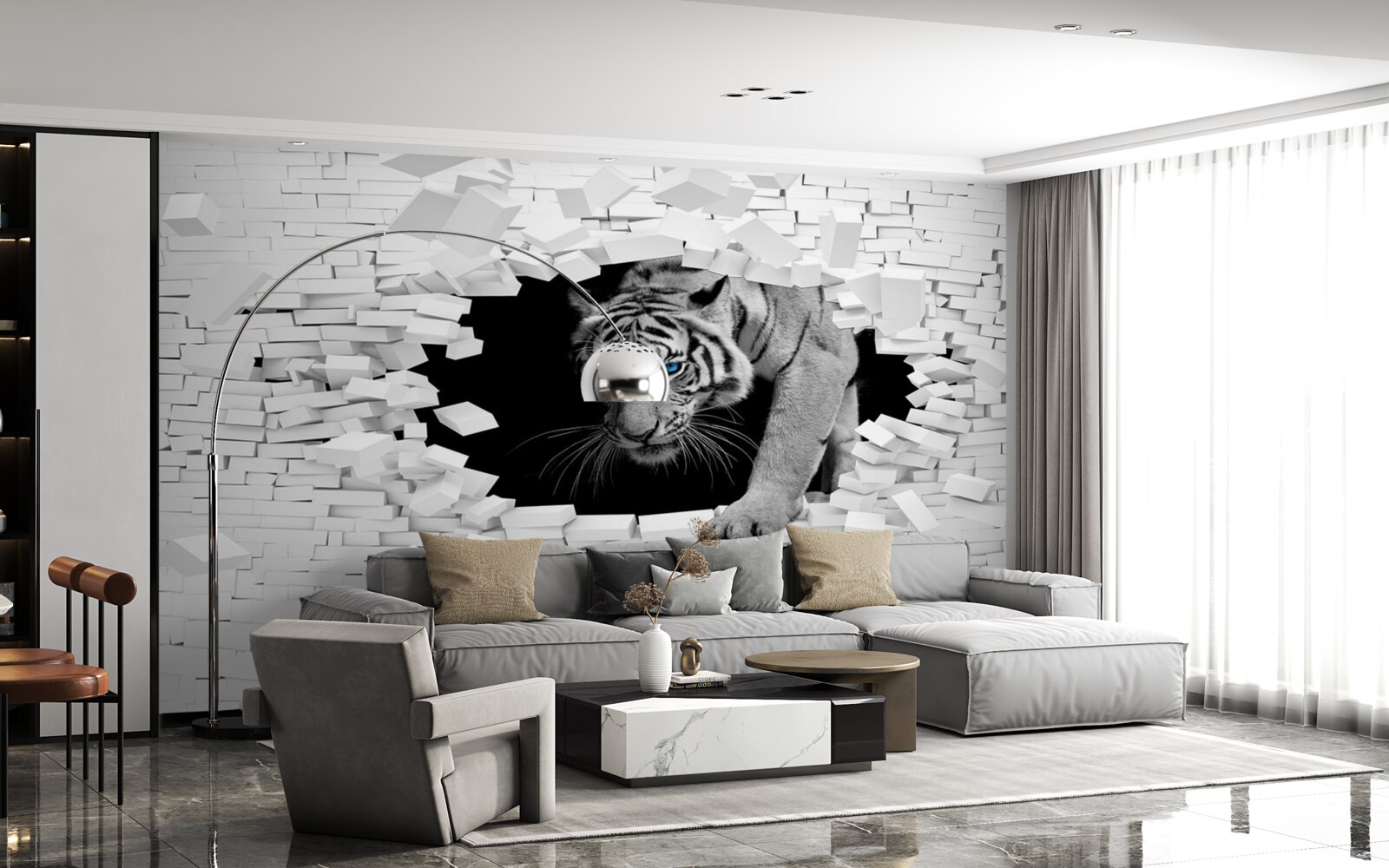 Papier peint un tigre détruit un mur de briques