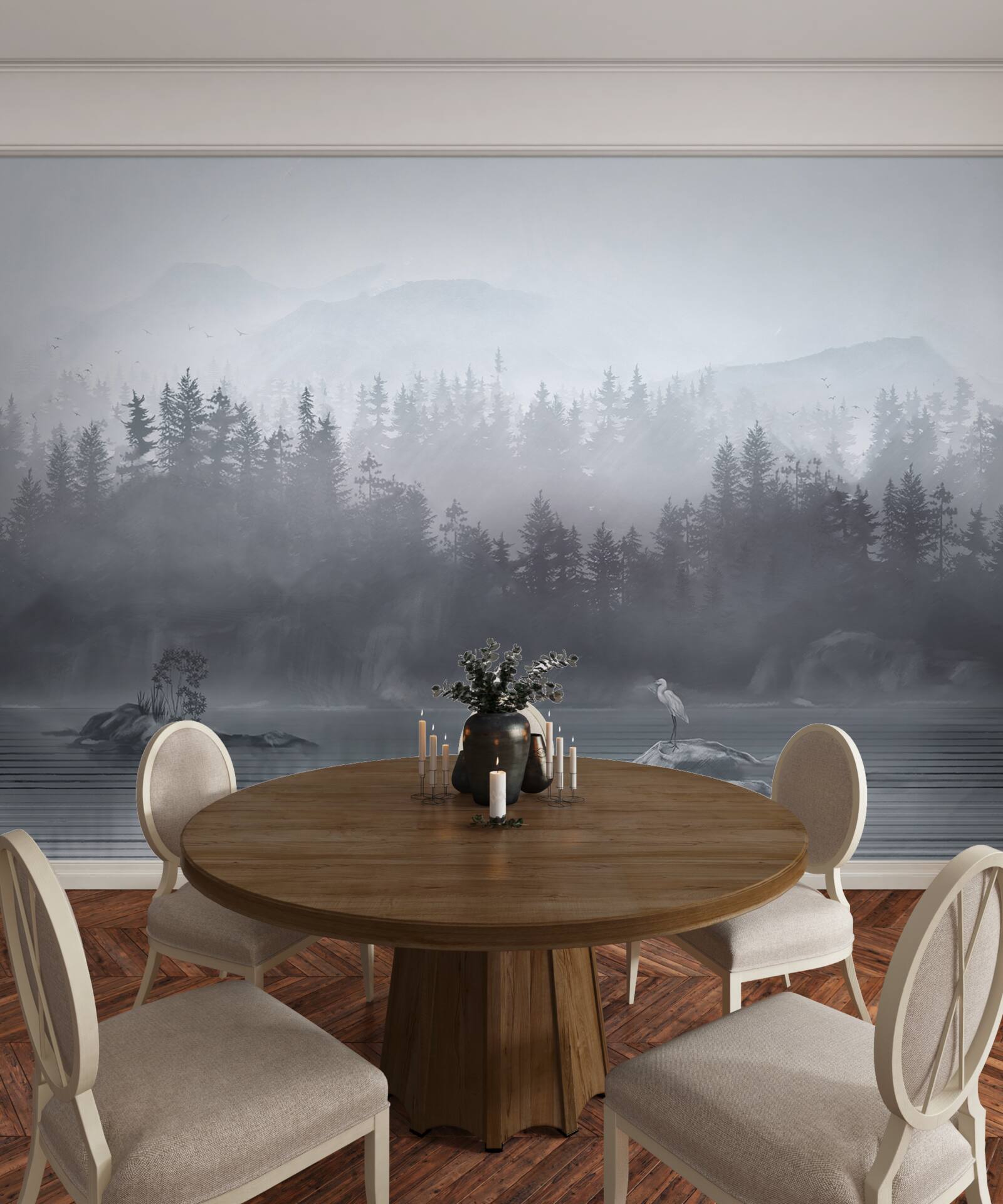 Papier peint La grue vit seule sur un rocher au milieu d'un lac