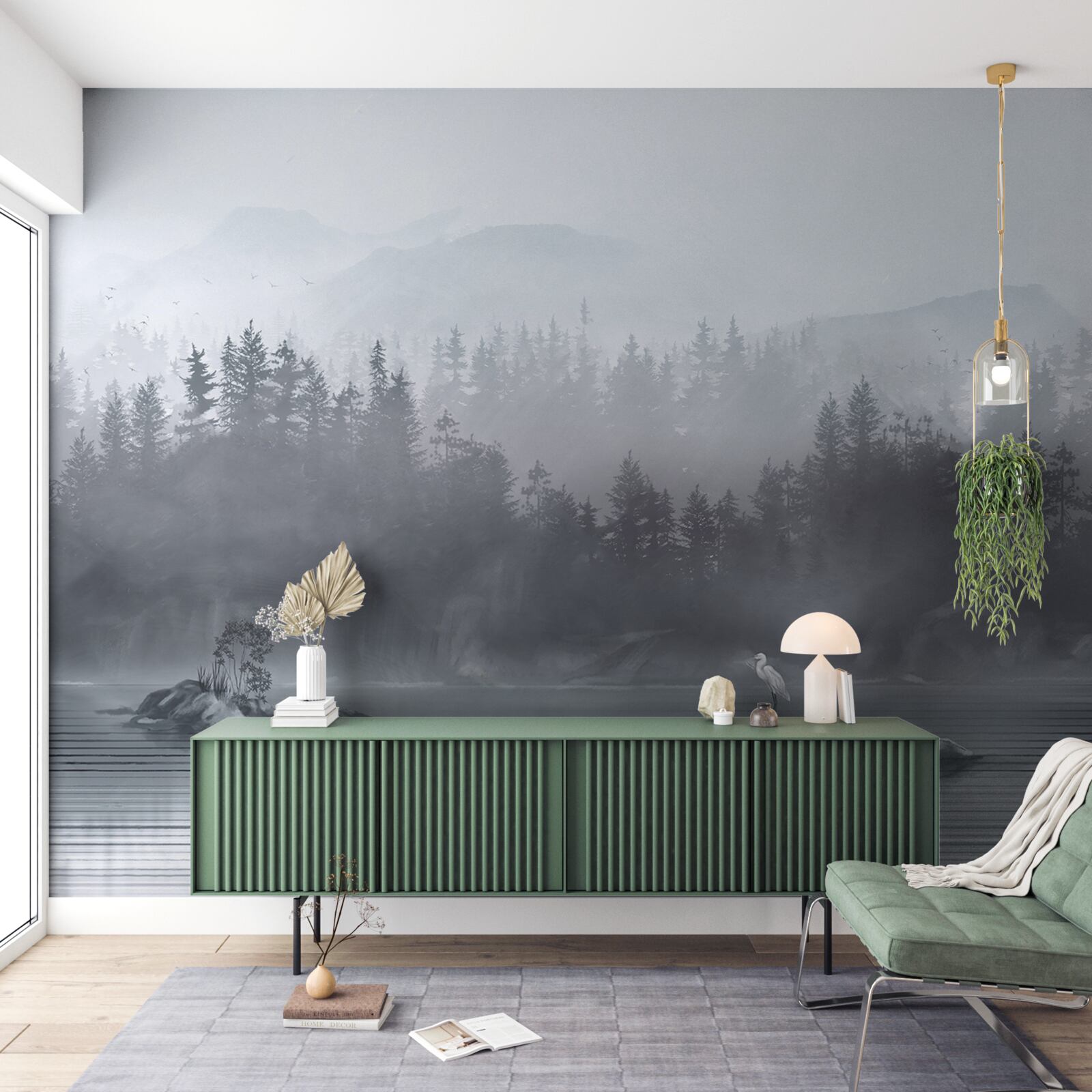 Papier peint La grue vit seule sur un rocher au milieu d'un lac