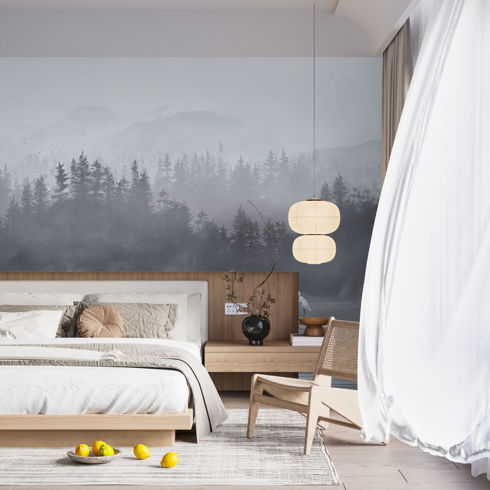 Papier peint La grue vit seule sur un rocher au milieu d'un lac