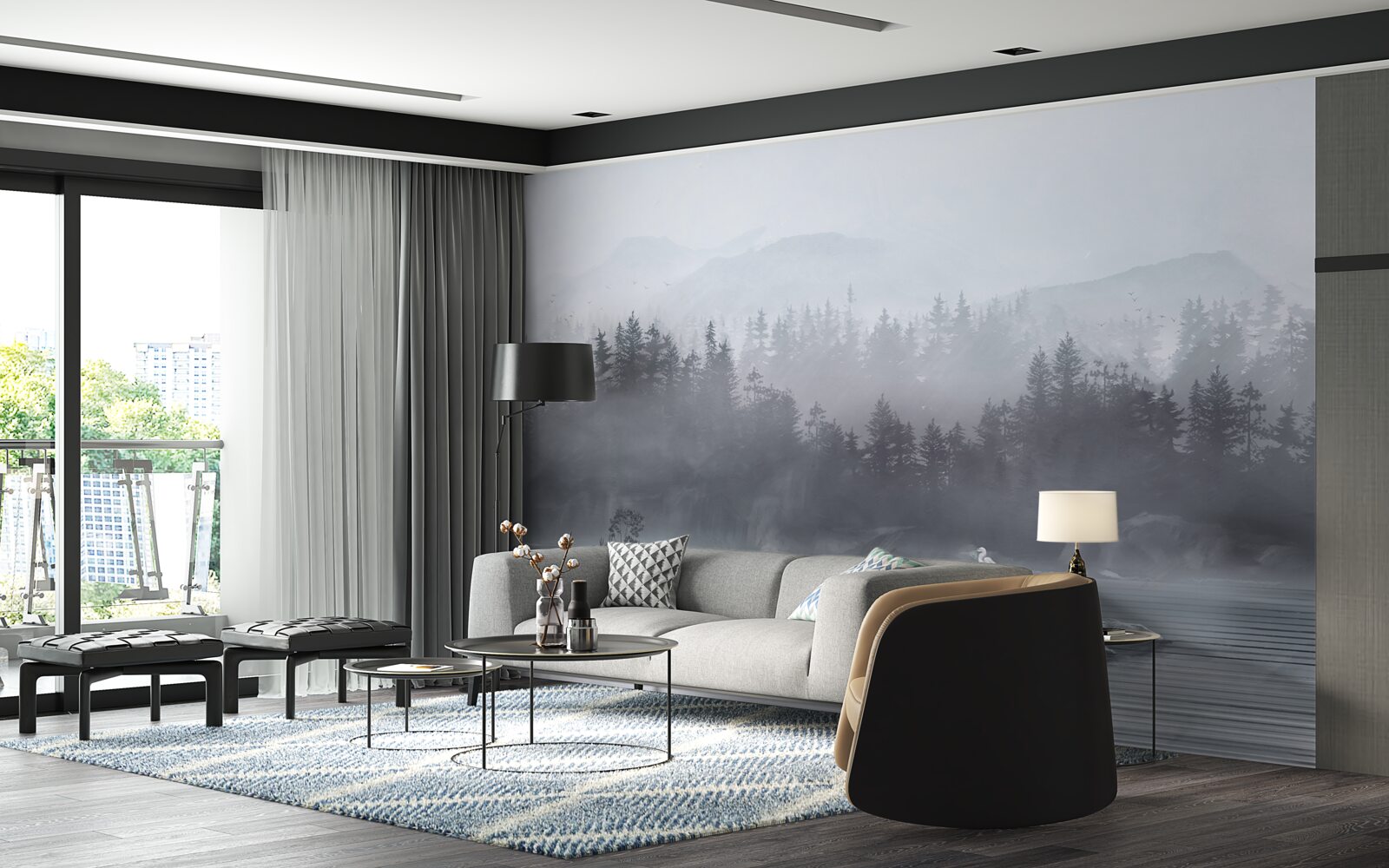 Papier peint La grue vit seule sur un rocher au milieu d'un lac