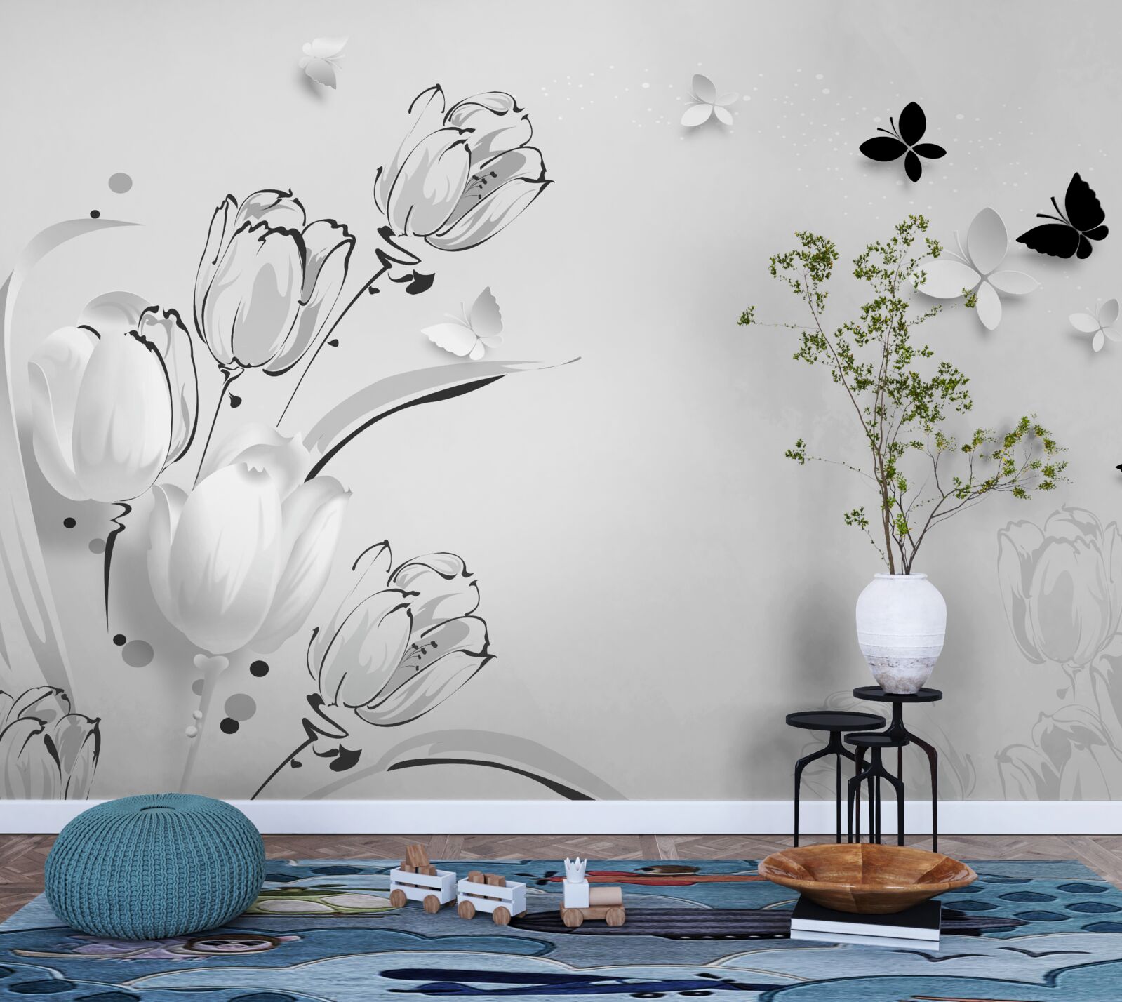 Papier peint Tulipes et papillons blancs comme neige