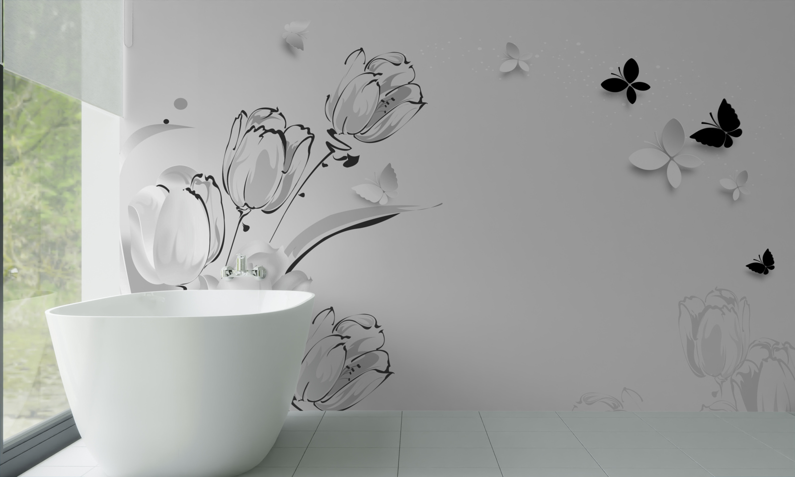 Papier peint Tulipes et papillons blancs comme neige