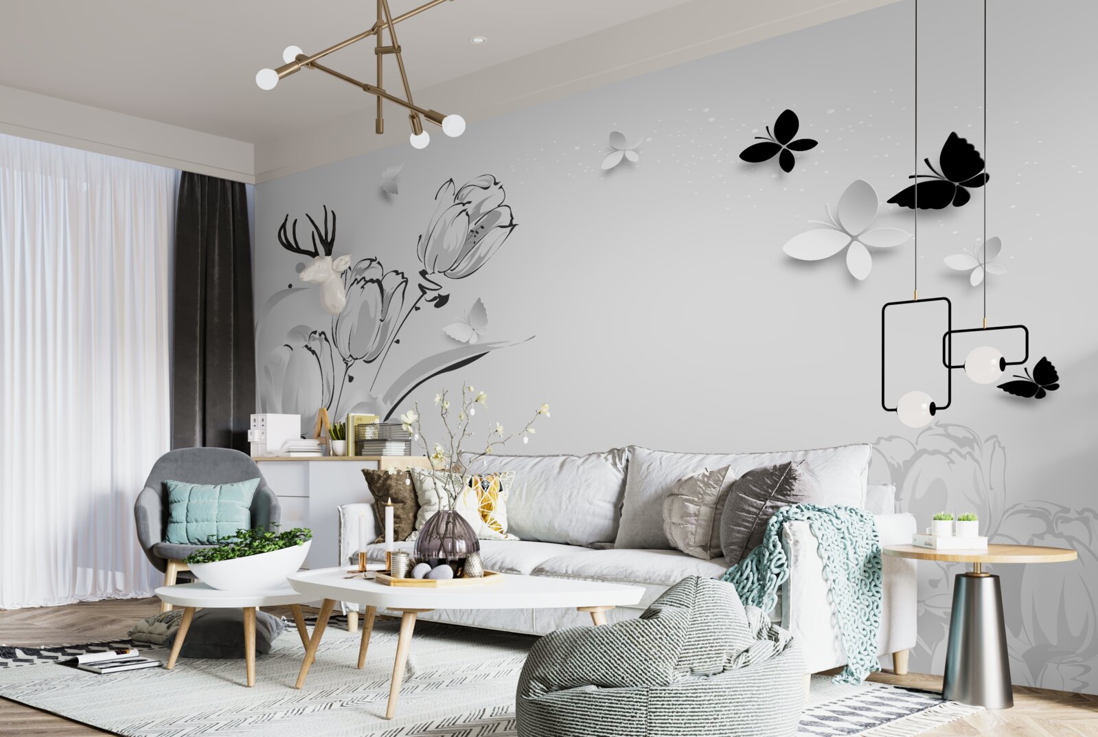 Papier peint Tulipes et papillons blancs comme neige