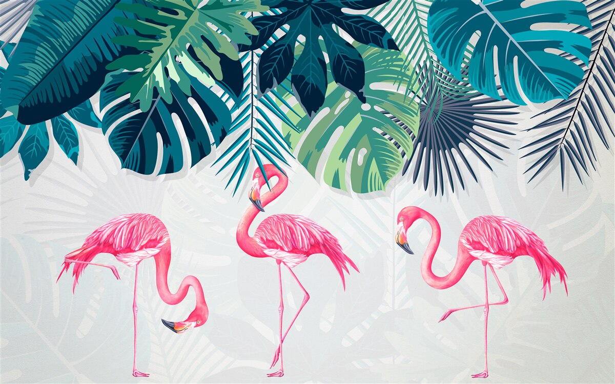 Papier peint végétation tropicale et oiseaux flamants roses