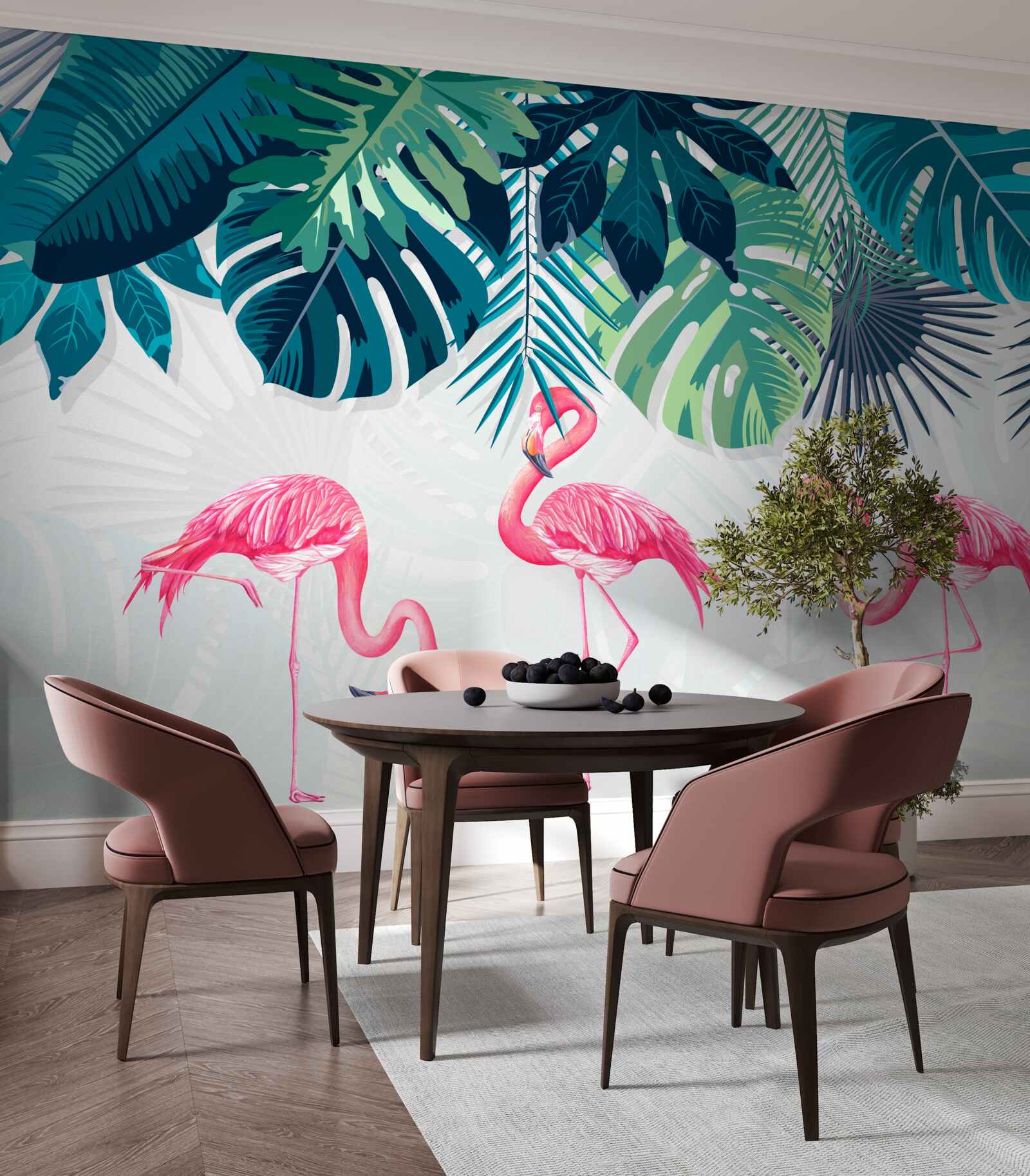 Papier peint végétation tropicale et oiseaux flamants roses