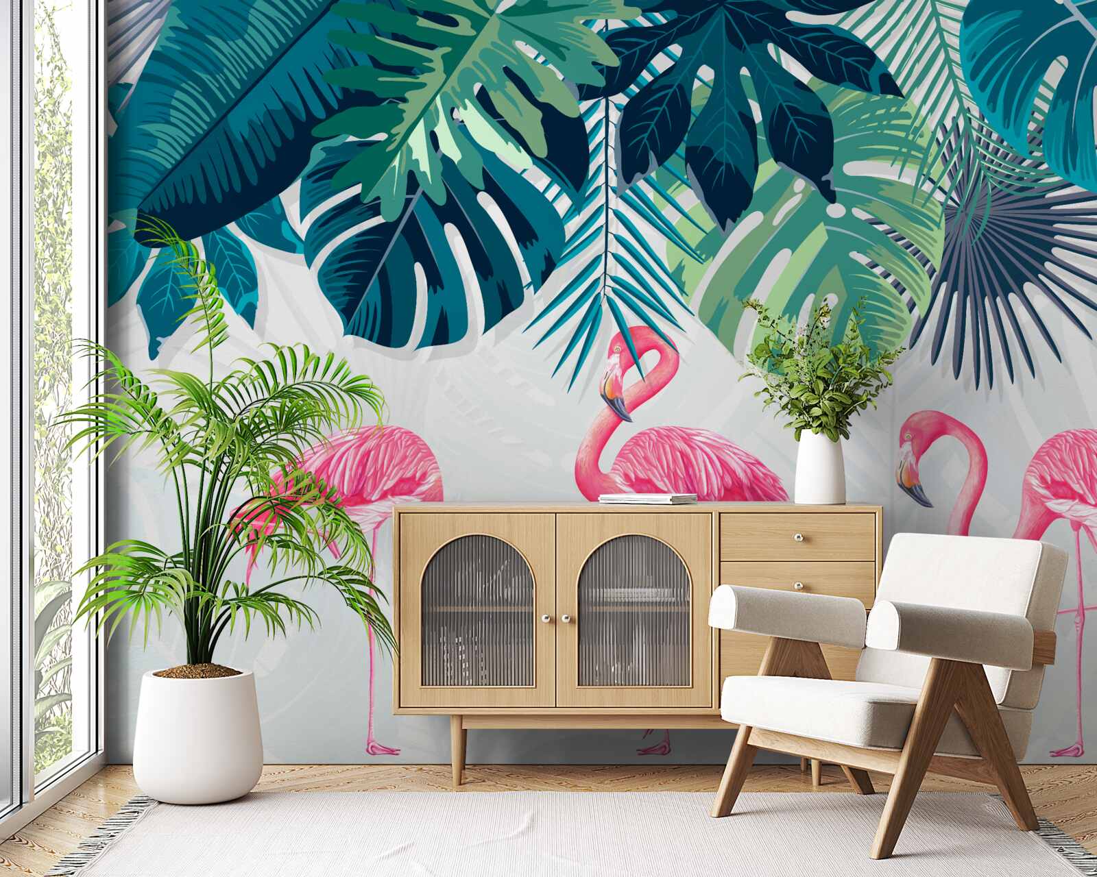 Papier peint végétation tropicale et oiseaux flamants roses