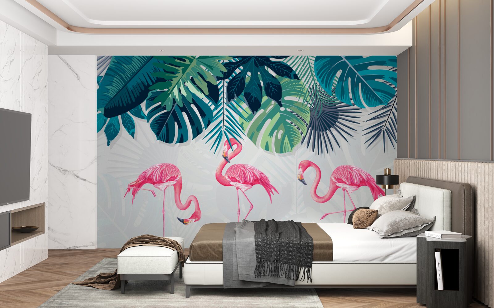 Papier peint végétation tropicale et oiseaux flamants roses