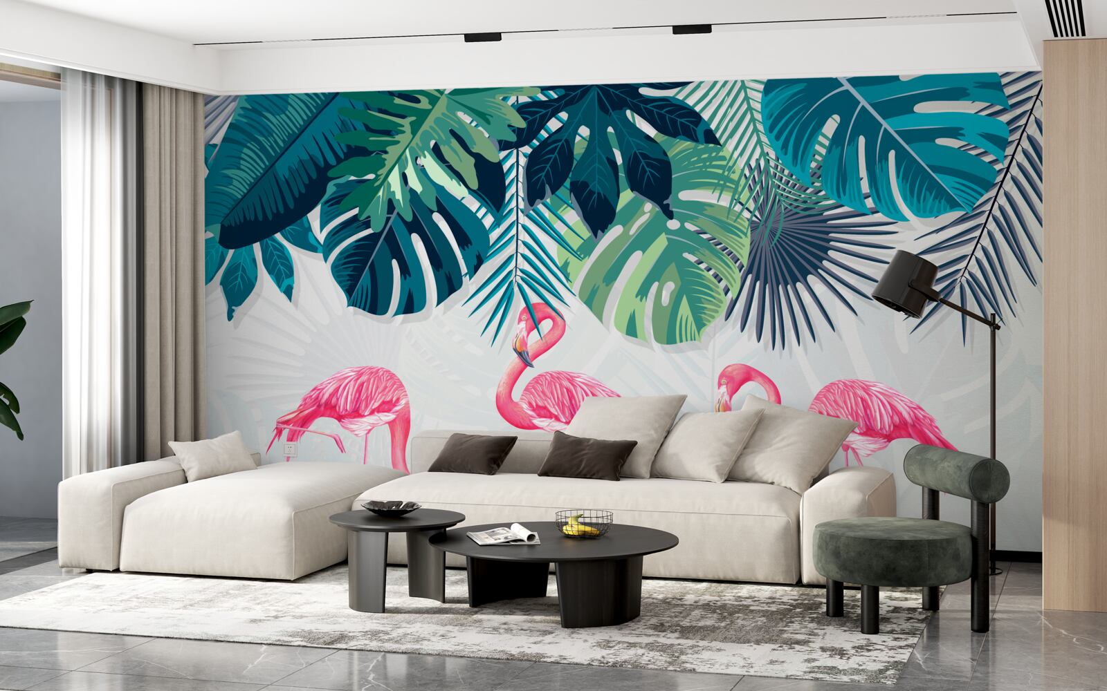 Papier peint végétation tropicale et oiseaux flamants roses