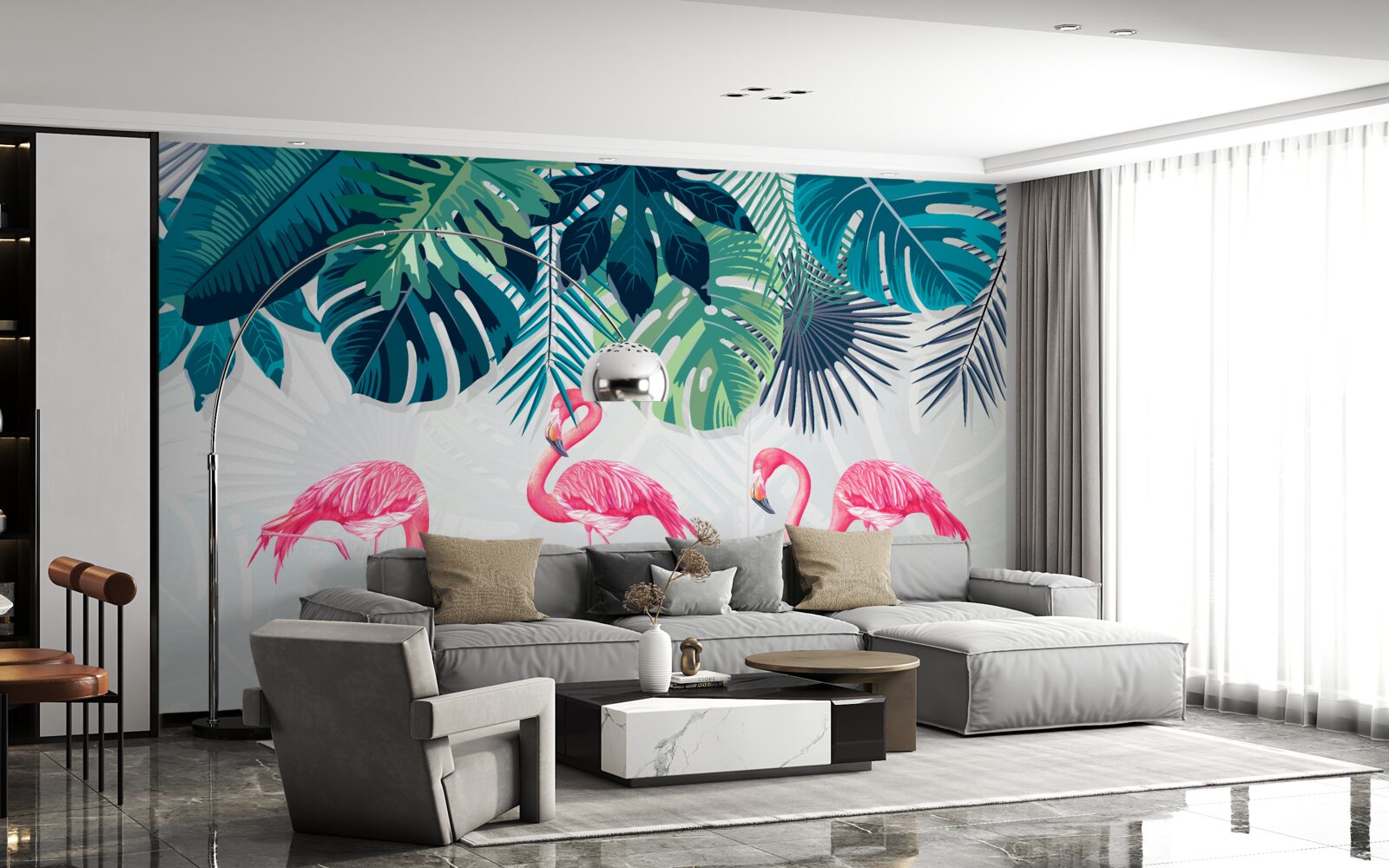 Papier peint végétation tropicale et oiseaux flamants roses