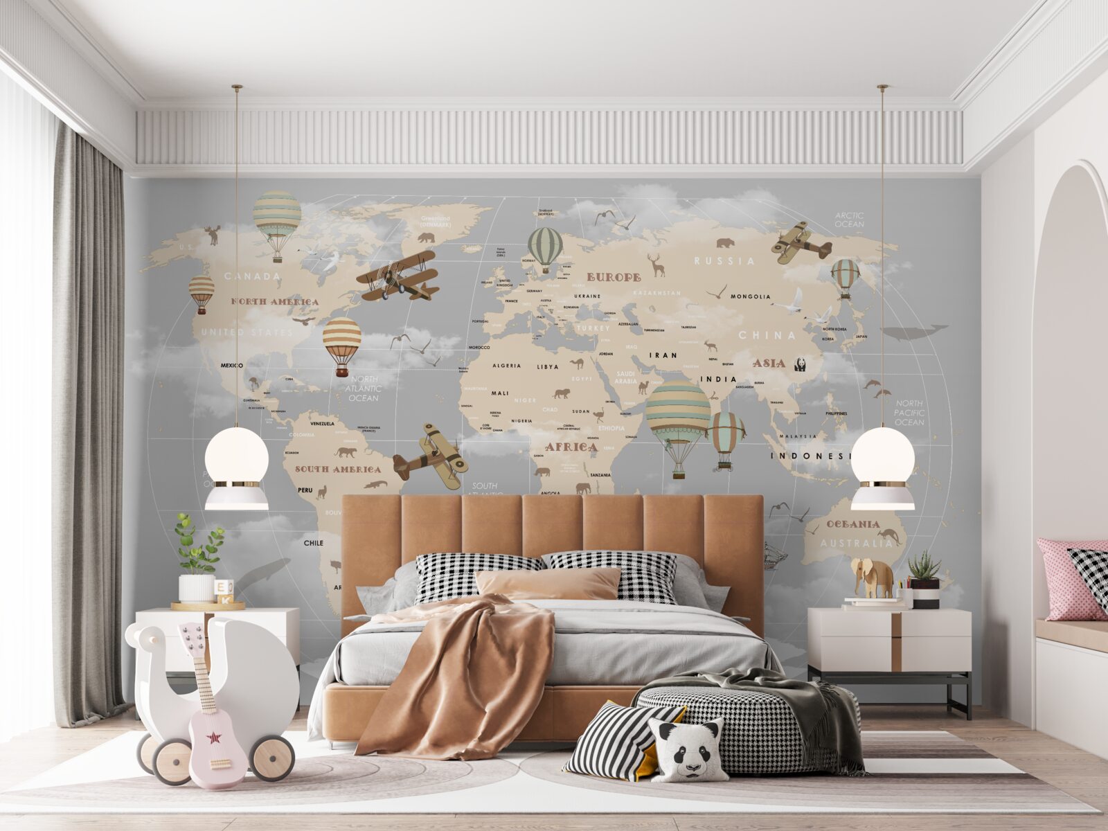 Papier peint carte mondiale avec différents modes de transport