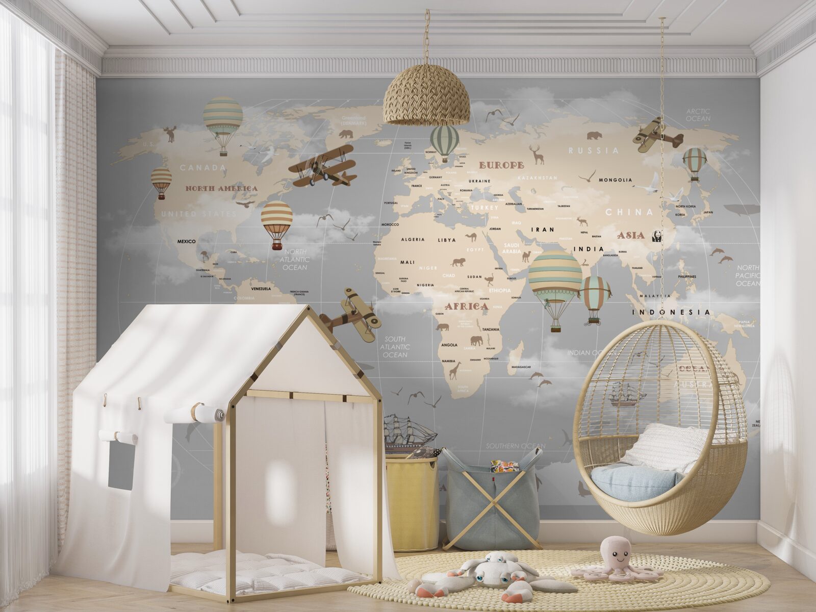 Papier peint carte mondiale avec différents modes de transport