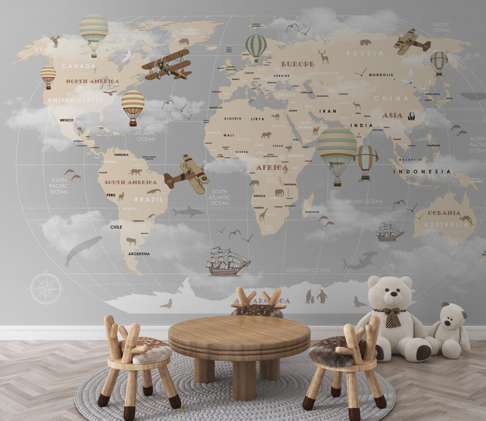 Papier peint carte mondiale avec différents modes de transport