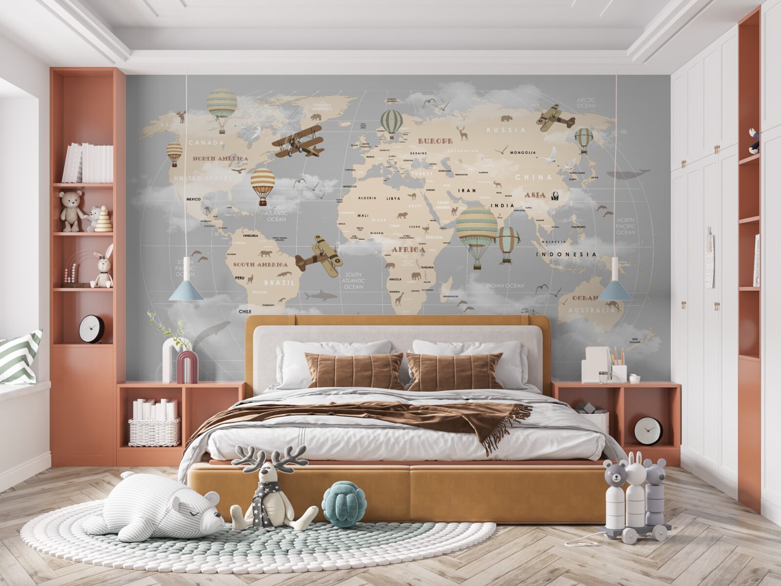 Papier peint carte mondiale avec différents modes de transport