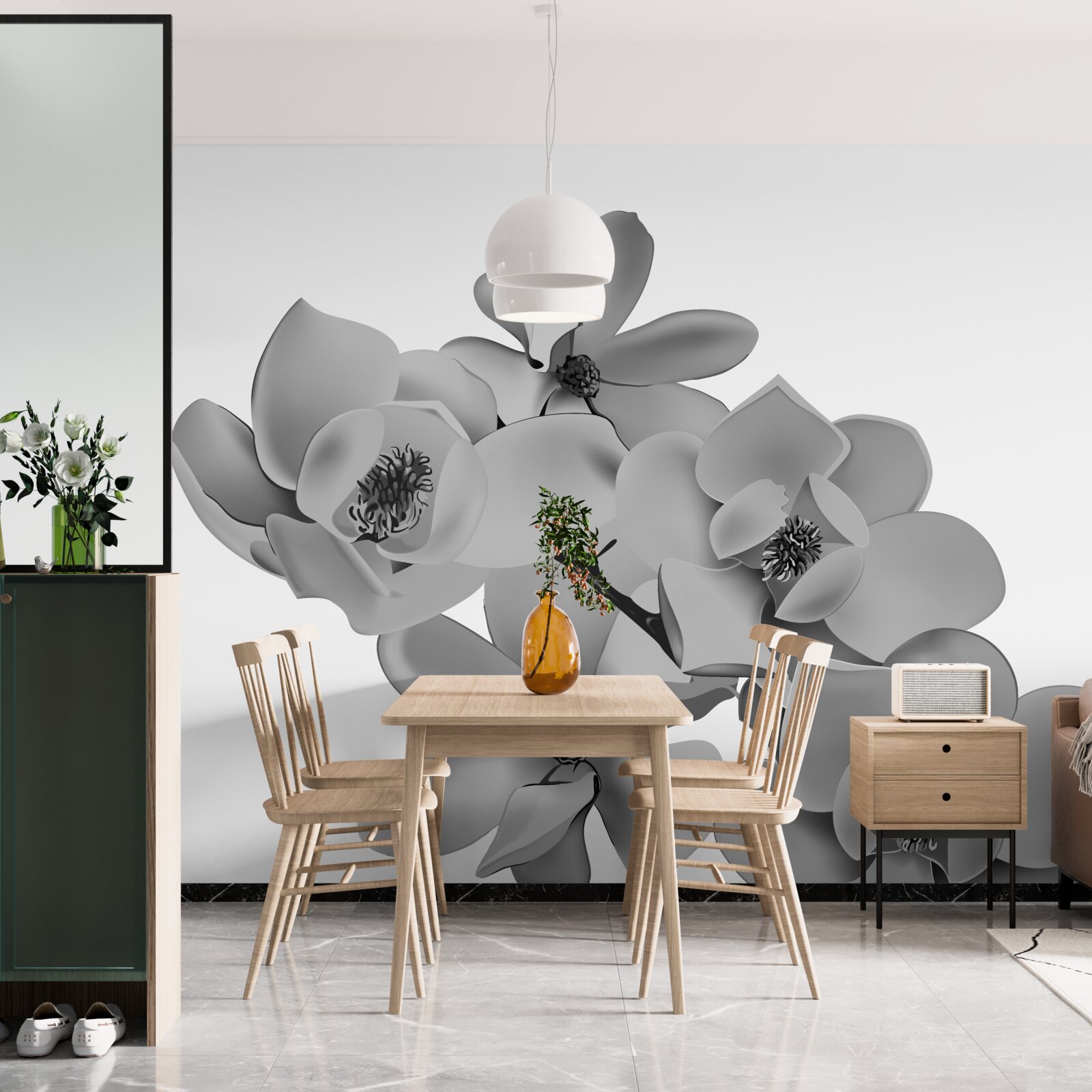 Papier peint fleurs écarlates sur fond blanc pur