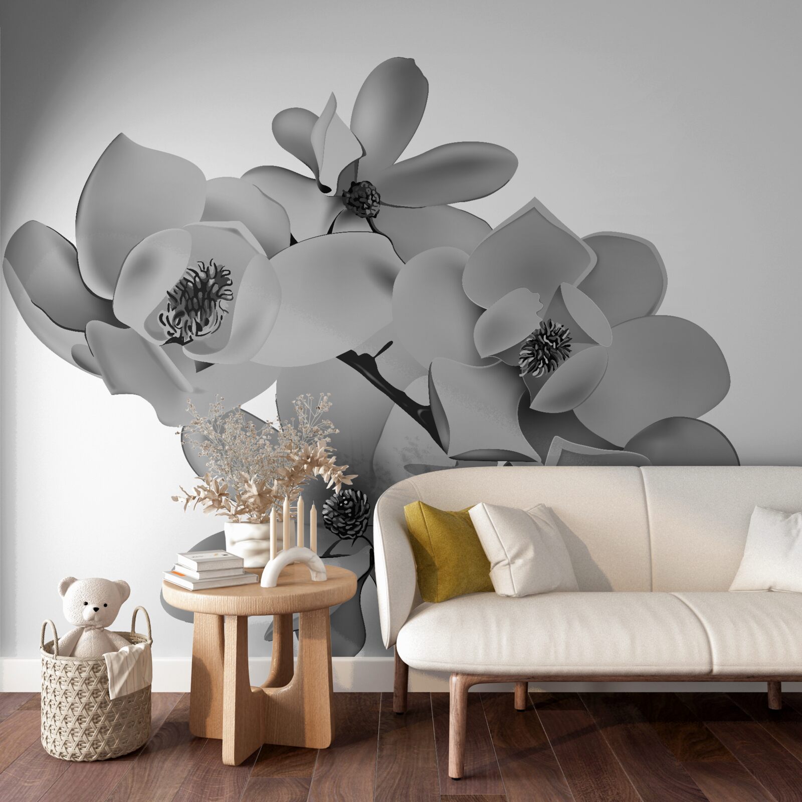 Papier peint fleurs écarlates sur fond blanc pur