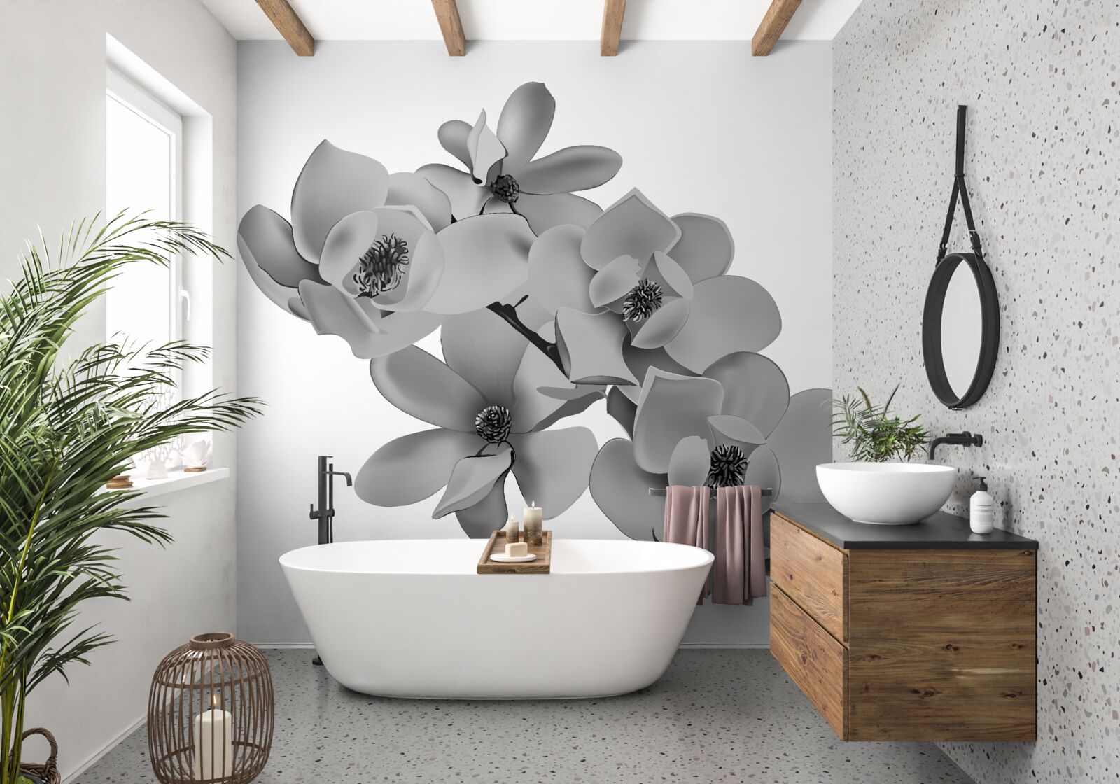 Papier peint fleurs écarlates sur fond blanc pur