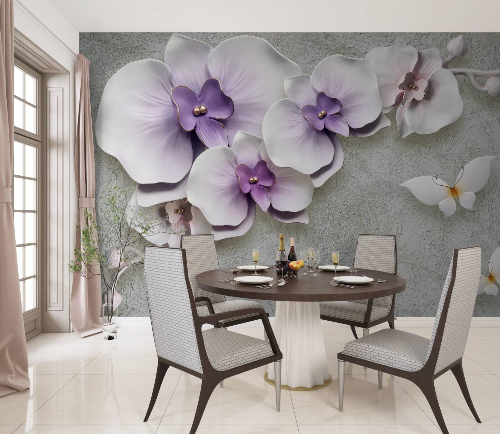 Papier peint de grands lys violets et un papillon blanc comme neige