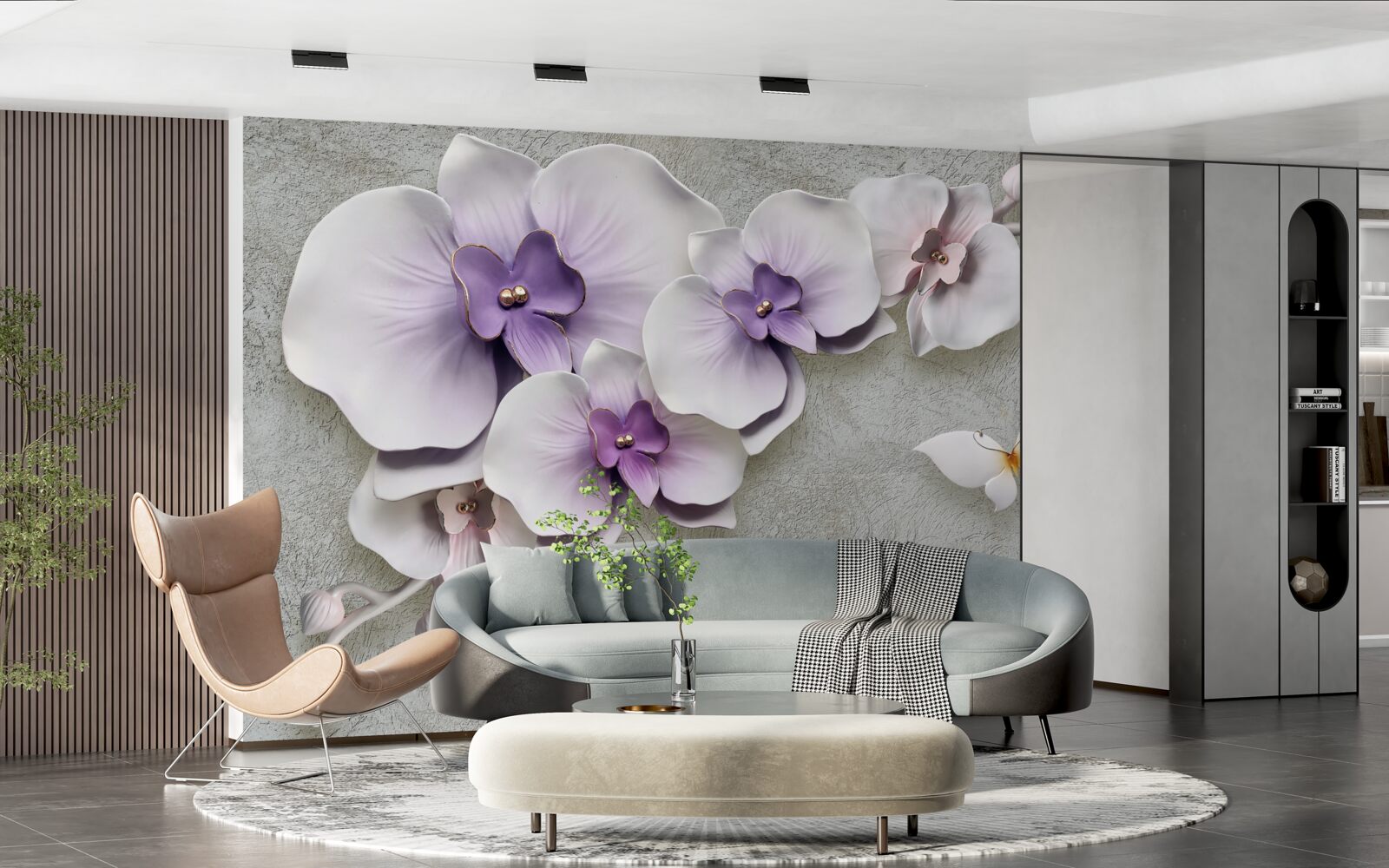 Papier peint de grands lys violets et un papillon blanc comme neige