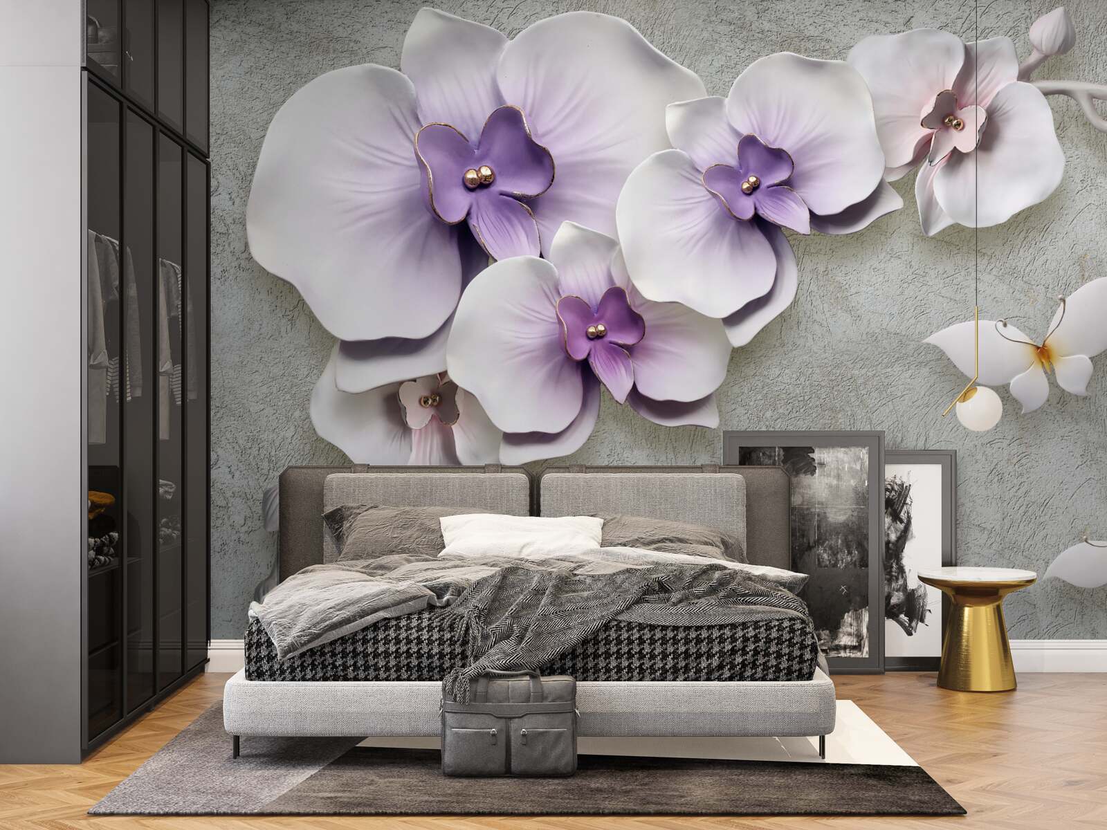 Papier peint de grands lys violets et un papillon blanc comme neige