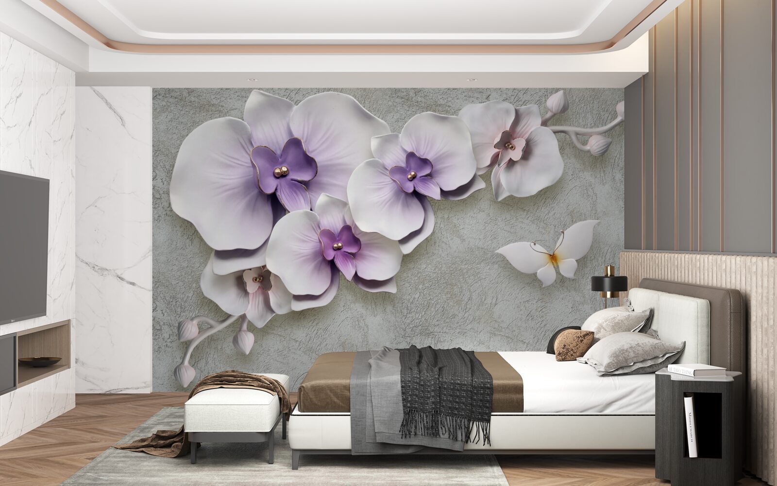 Papier peint de grands lys violets et un papillon blanc comme neige