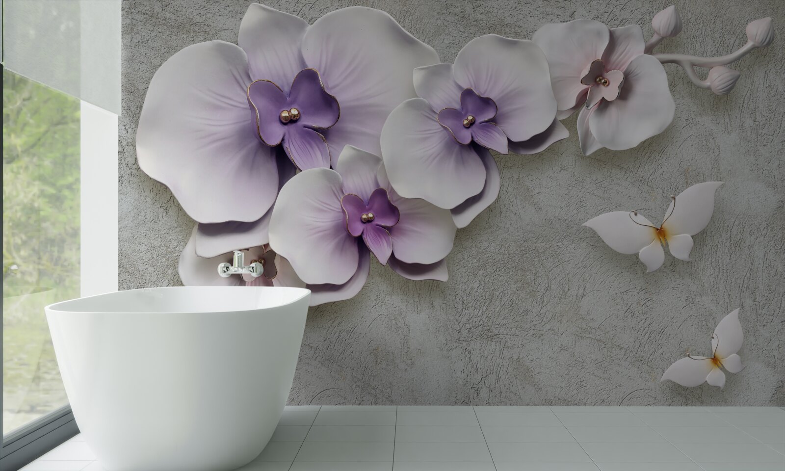 Papier peint de grands lys violets et un papillon blanc comme neige