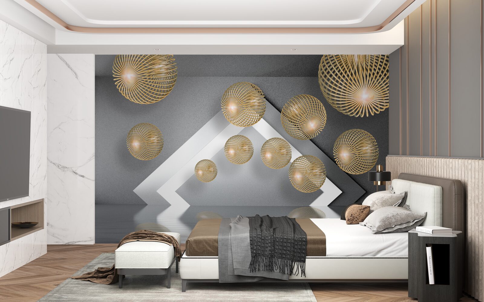 Papier peint boules de bronze flottantes texturées