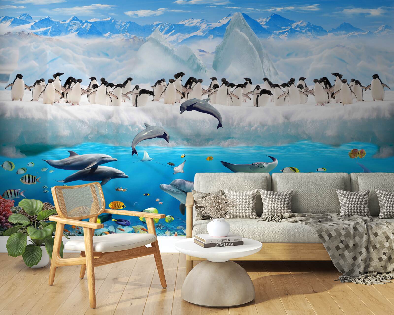 Papier peint les dauphins et les pingouins vivent dans les récifs coralliens