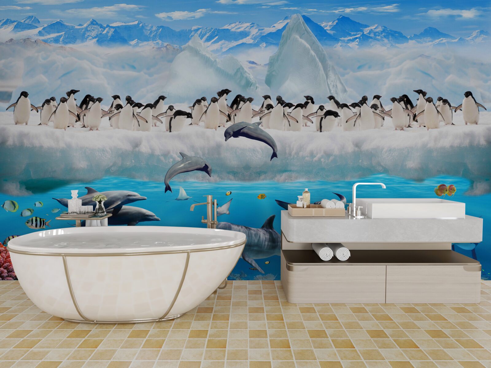 Papier peint les dauphins et les pingouins vivent dans les récifs coralliens