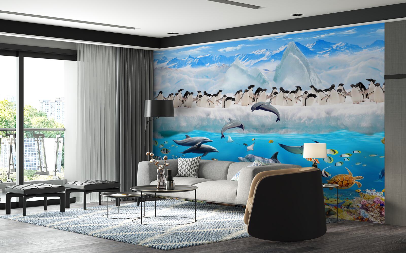 Papier peint les dauphins et les pingouins vivent dans les récifs coralliens