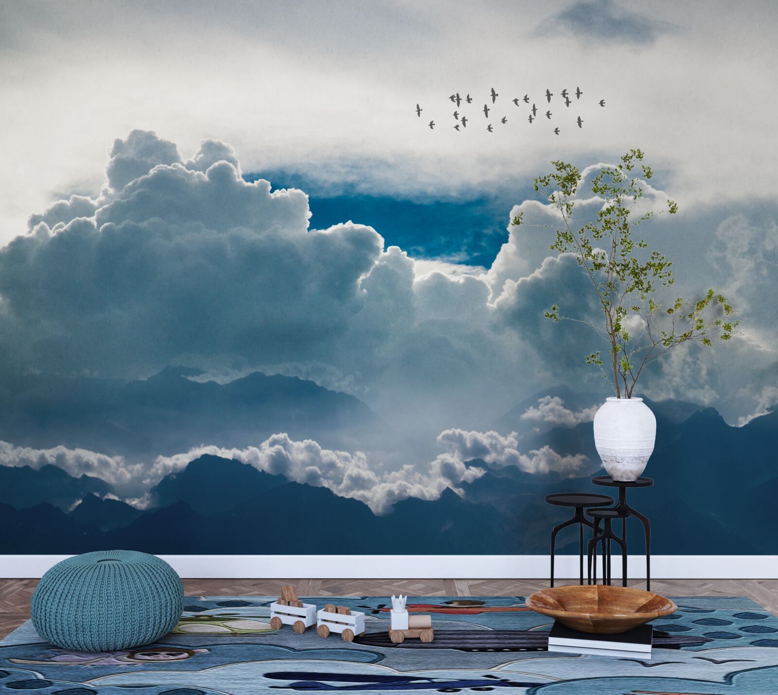 Papier peint groupe d'oiseaux au-dessus de nuages épais