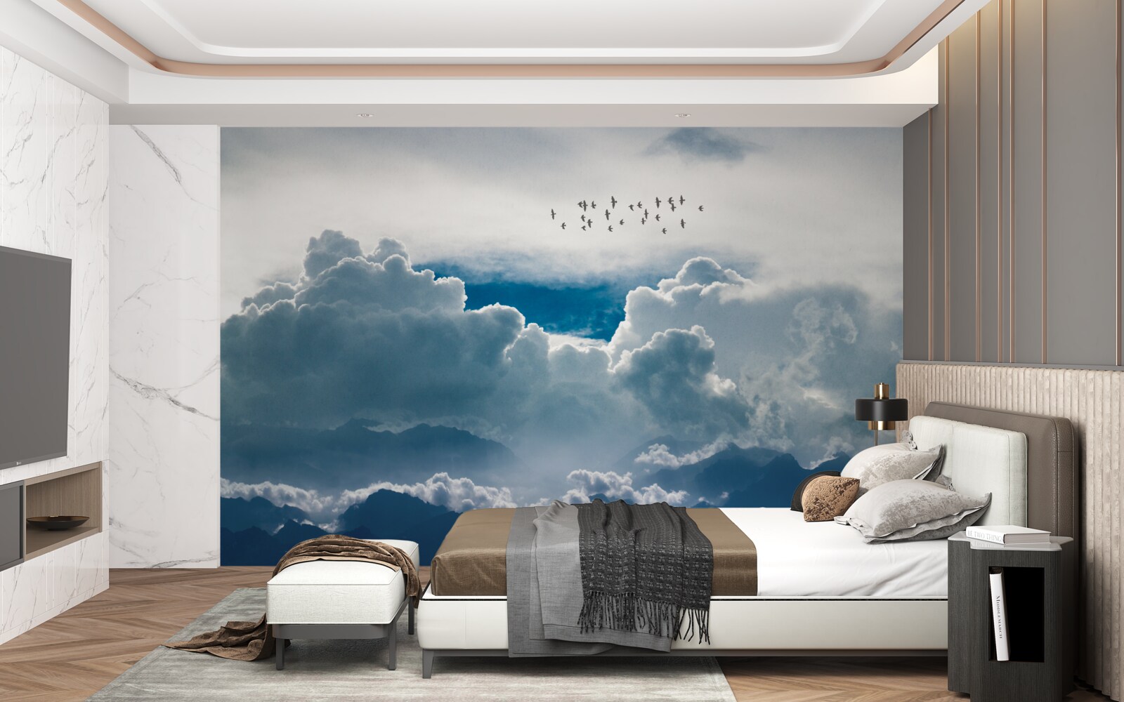 Papier peint groupe d'oiseaux au-dessus de nuages épais